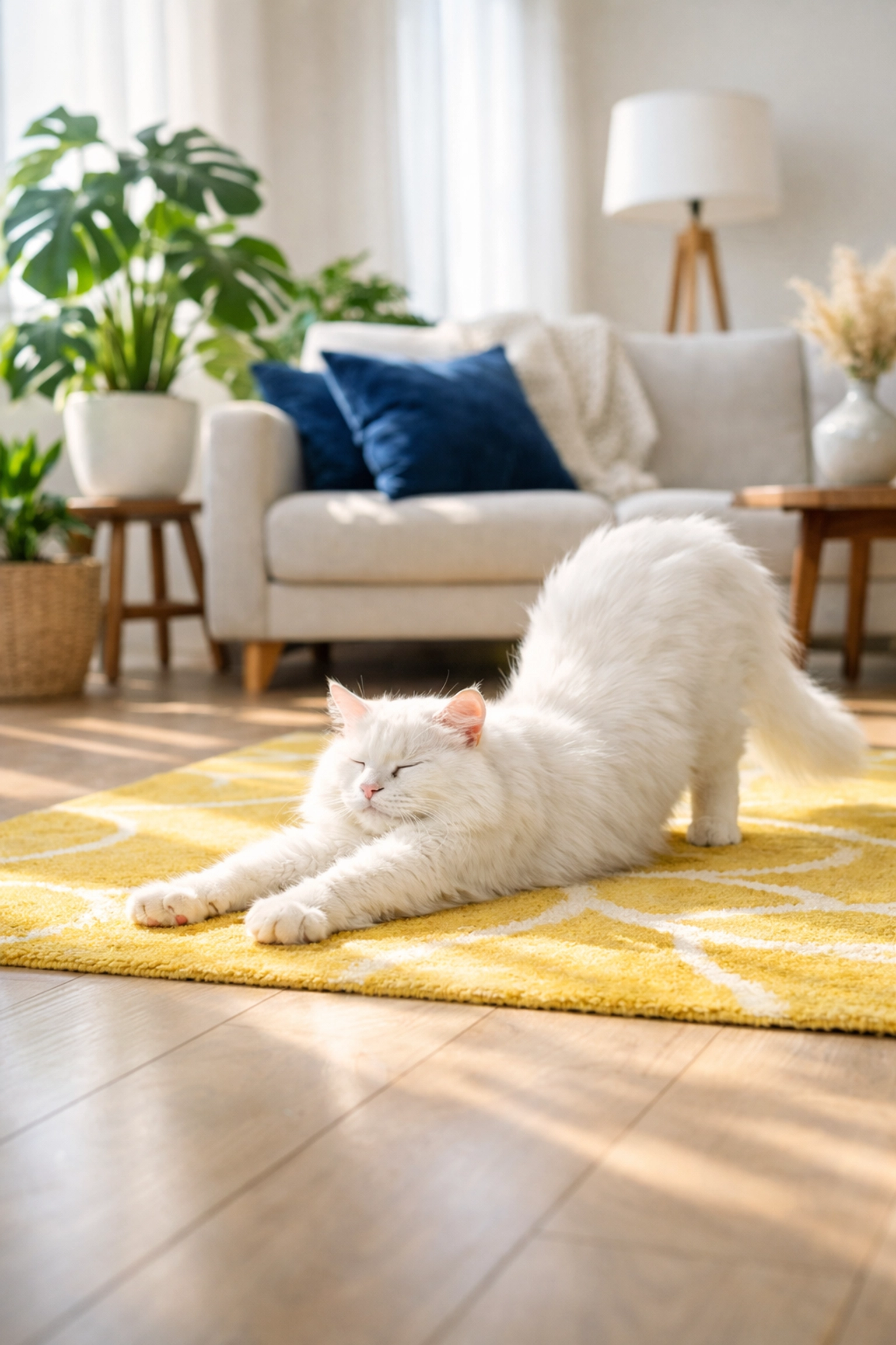 Clean living room with hardwood floors and a pet cat, illustrating safe non-toxic cleaning.