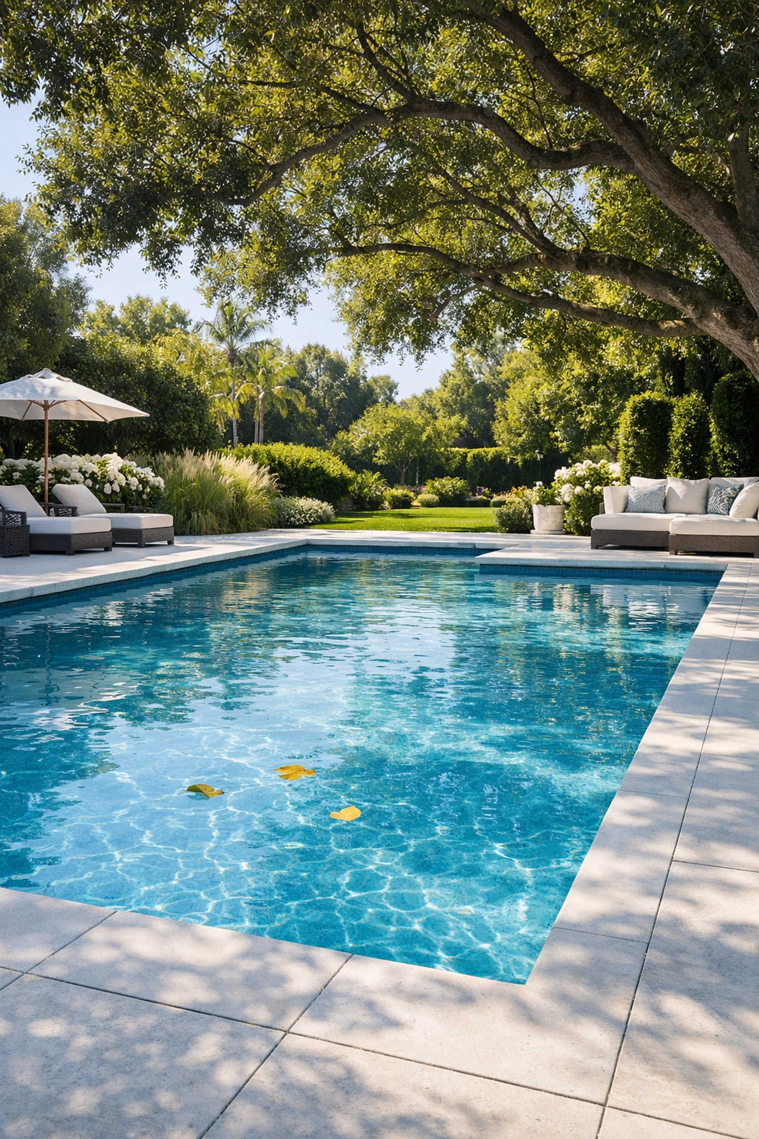 Luxury pool with debris illustrating site conditions that impact pool route valuation and chemical pricing.
