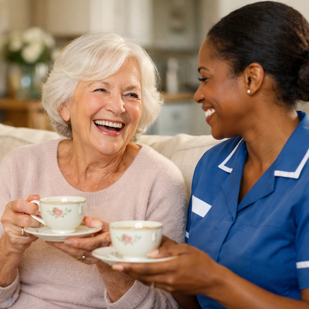 Caucasian senior and Black caregiver sharing tea, illustrating flexible private pay home care in Northern Virginia.