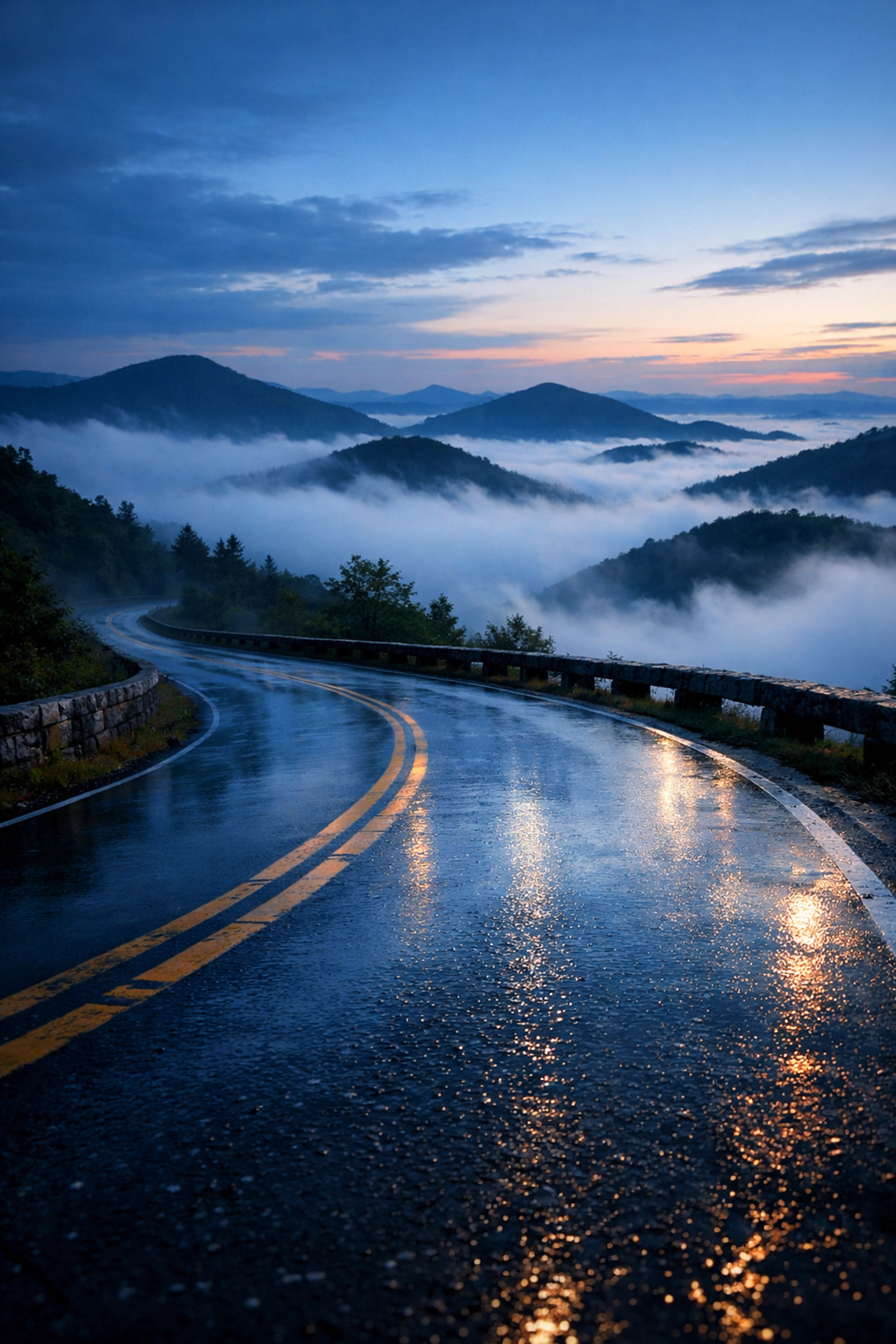 Early morning fog and mist settling over the Blue Ridge Parkway near Asheville at dawn.