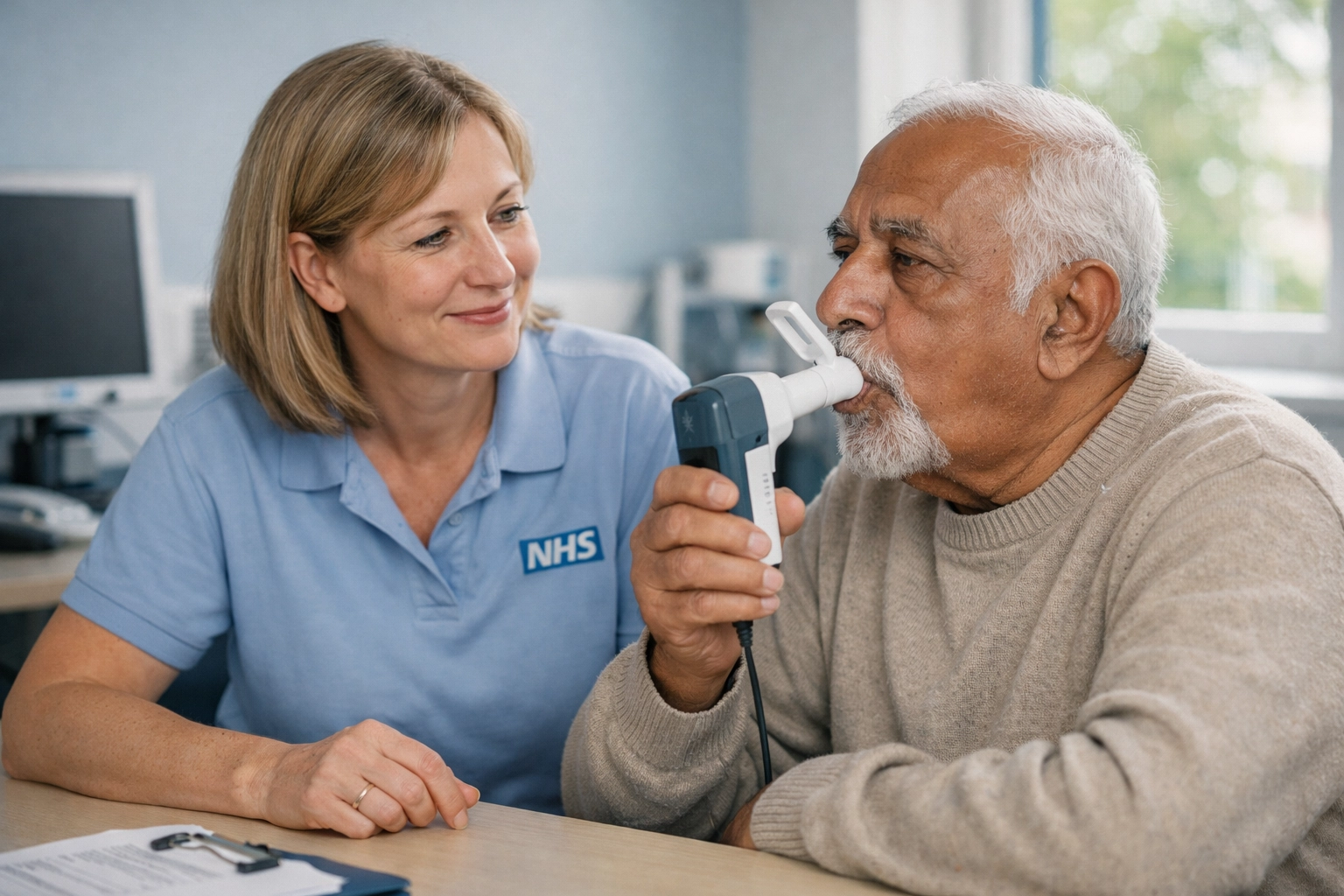 NHS respiratory physiologist conducting spirometry test with patient in community diagnostic hub