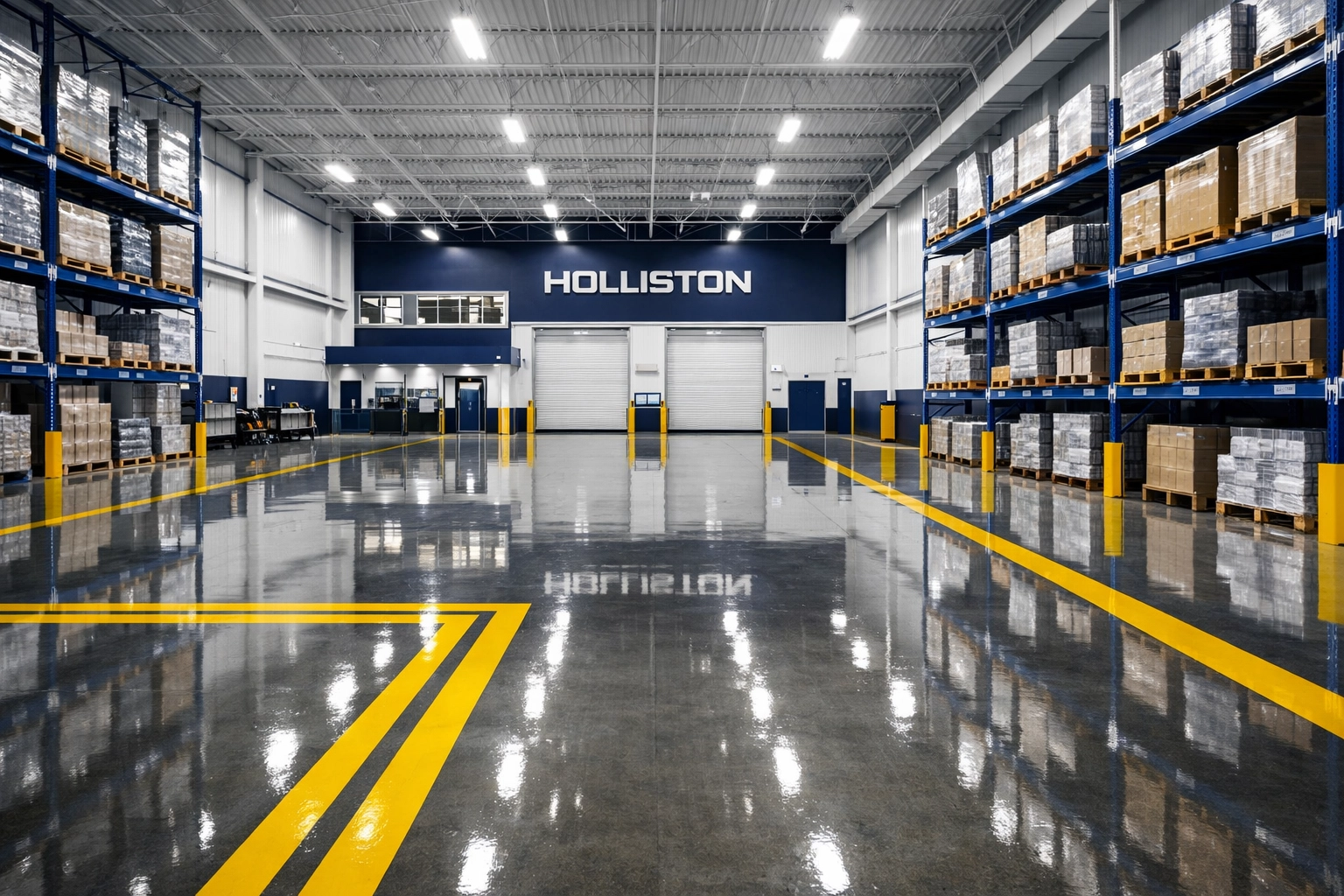 Clean industrial warehouse with polished floors showcasing professional commercial cleaning services in Holliston.