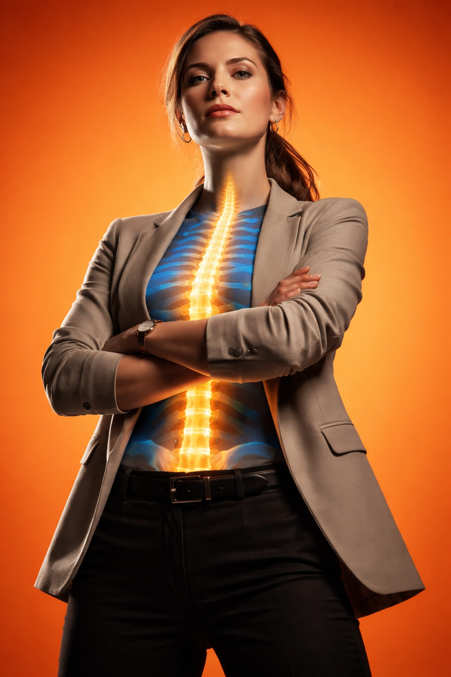 Podcast host with visible spine embodies confident podcast strategy and strong show identity.