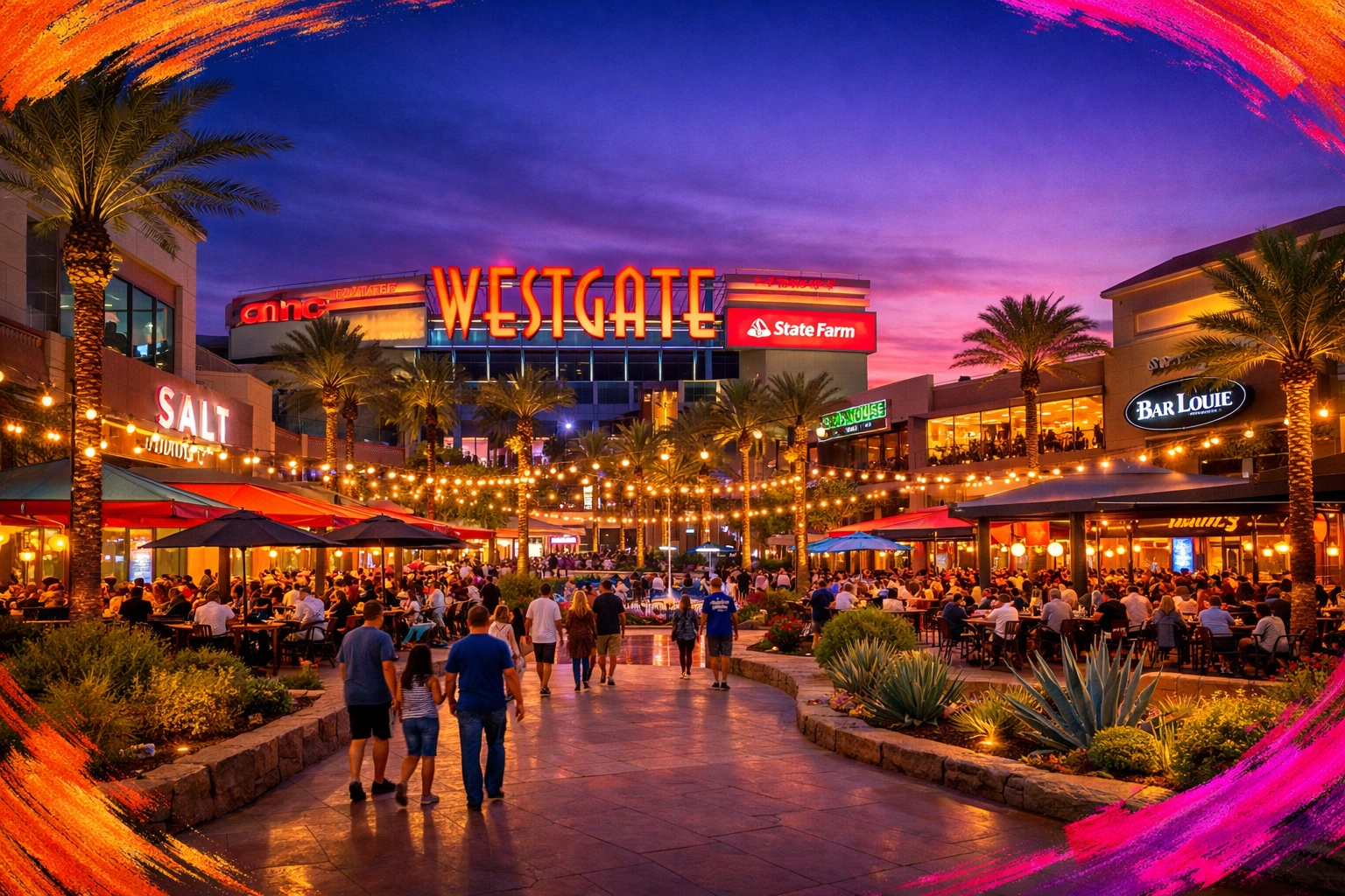 Westgate Entertainment District in Glendale with outdoor dining and shopping Westgate Entertainment District in Glendale with outdoor dining and shopping