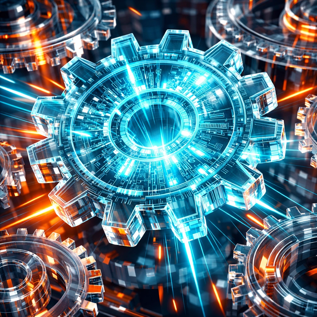 Digitale Zahnräder symbolisieren den wirtschaftlichen Hebel durch gezielte KI-Weiterbildung.