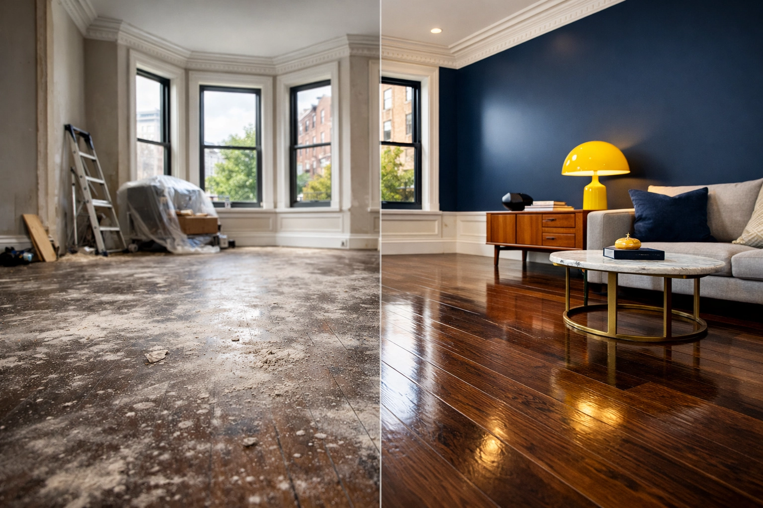 Professional post-construction cleaning in a Boston brownstone transitioning from dust to polished hardwood floors.