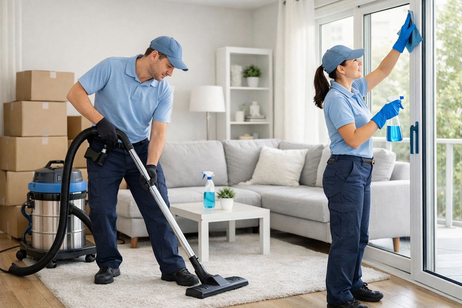Professional cleaning team performing apartment turnover cleaning services in modern living room