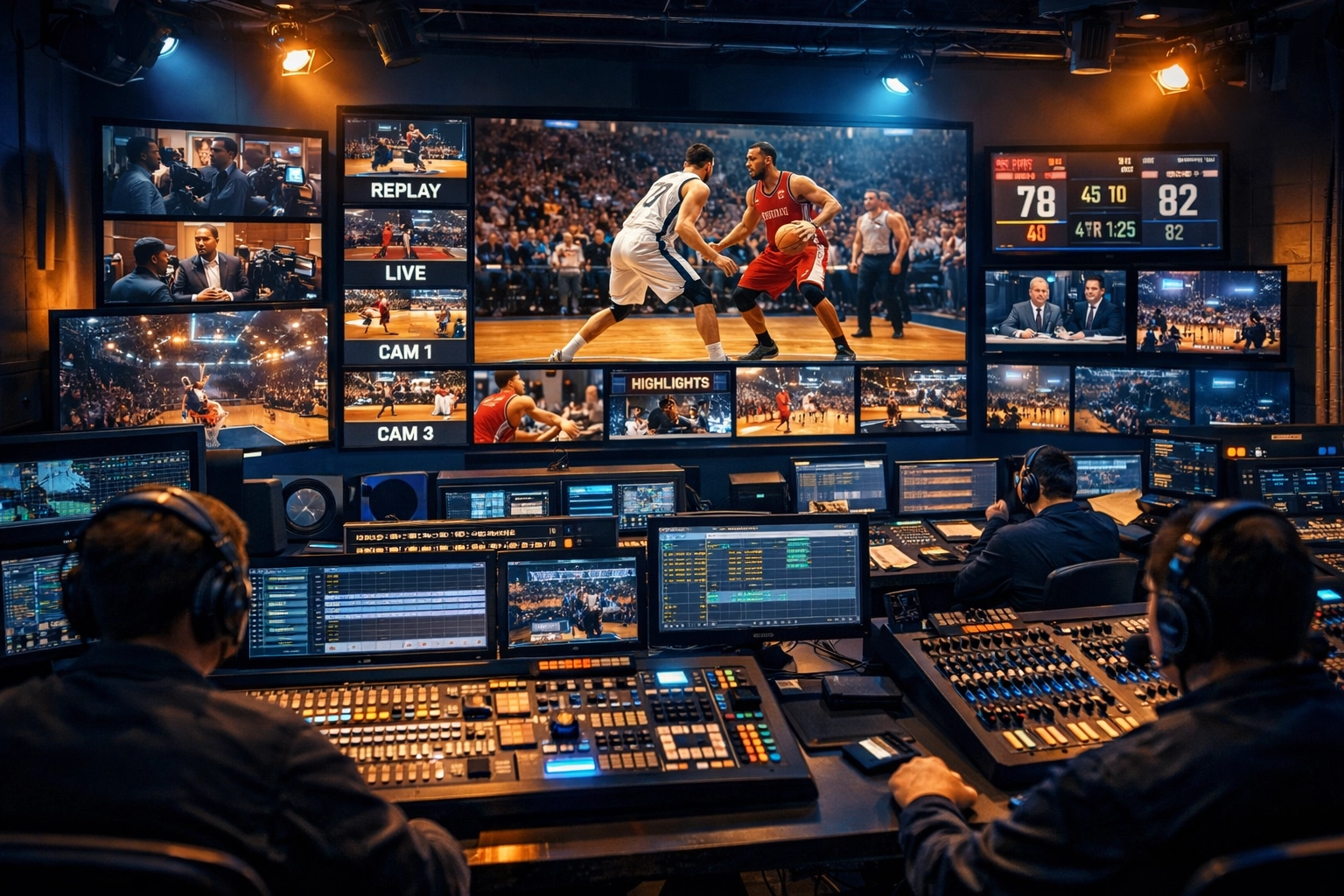 Modern sports media control room managing basketball highlights and content assets