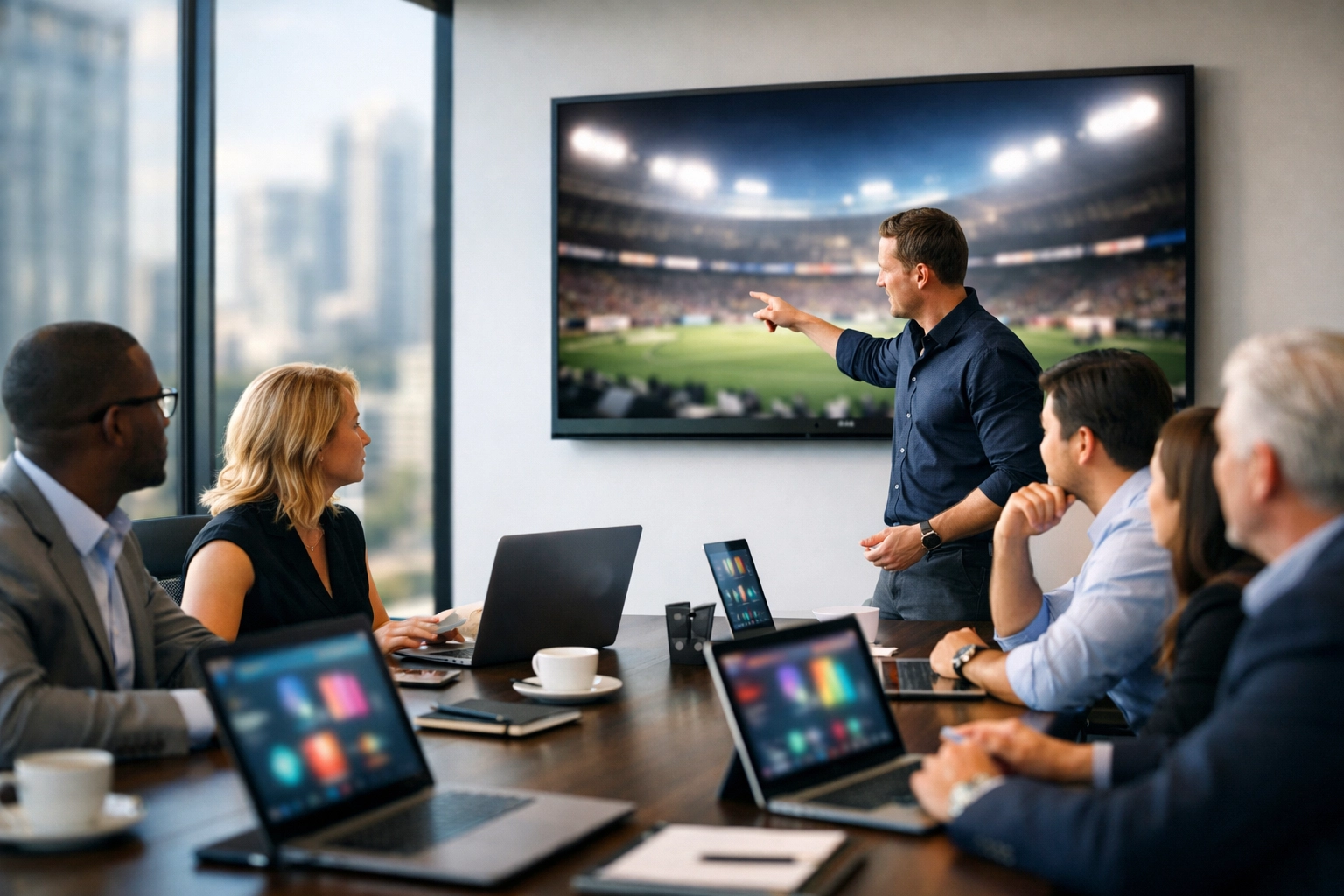 The Ultimate Guide to Super Bowl Sports Marketing: Everything You Need to Succeed Marketing executives in a modern boardroom planning a high-stakes Super Bowl sports marketing campaign.
