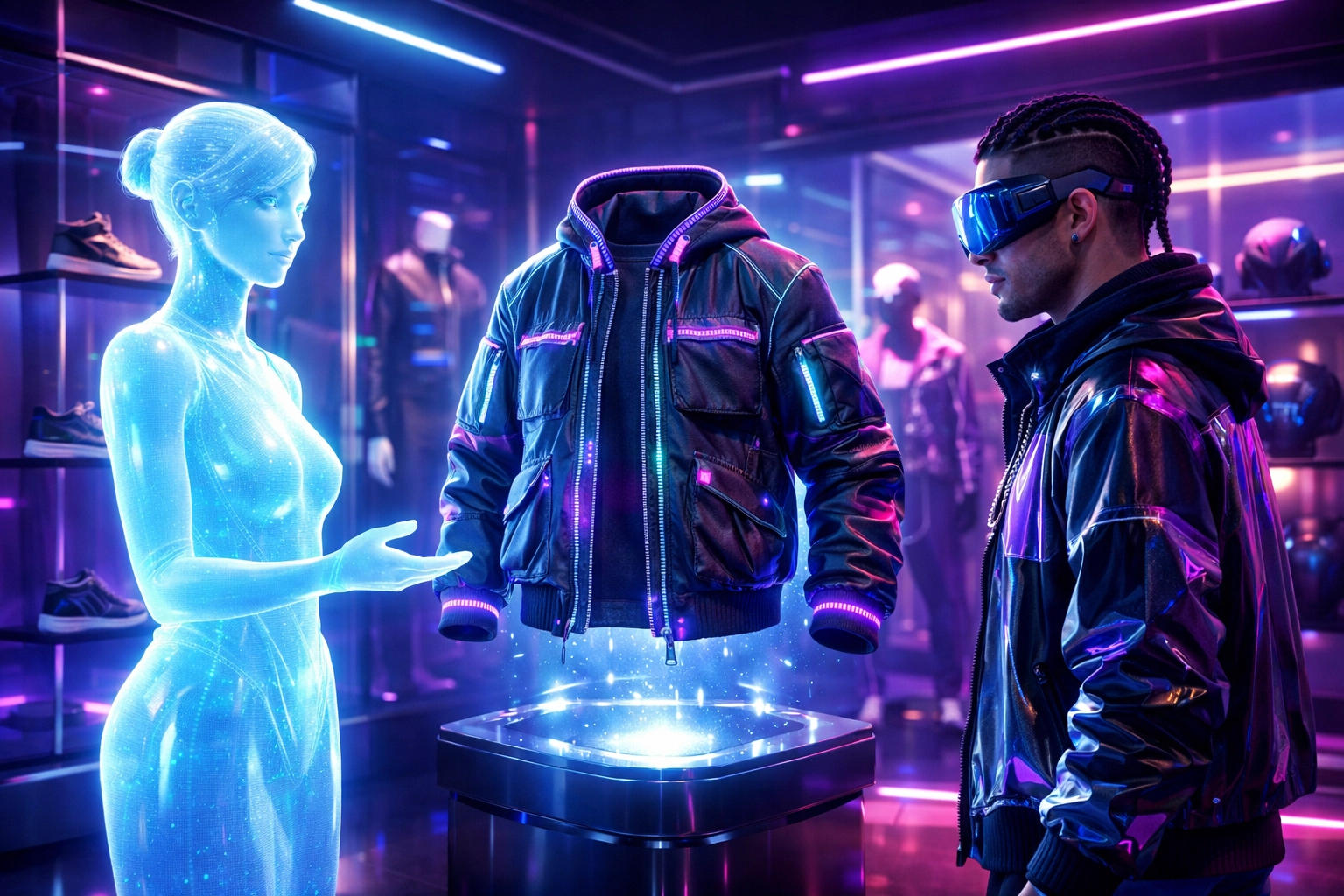 Holographic AI assistant presenting digital streetwear to an avatar in a futuristic metaverse boutique.