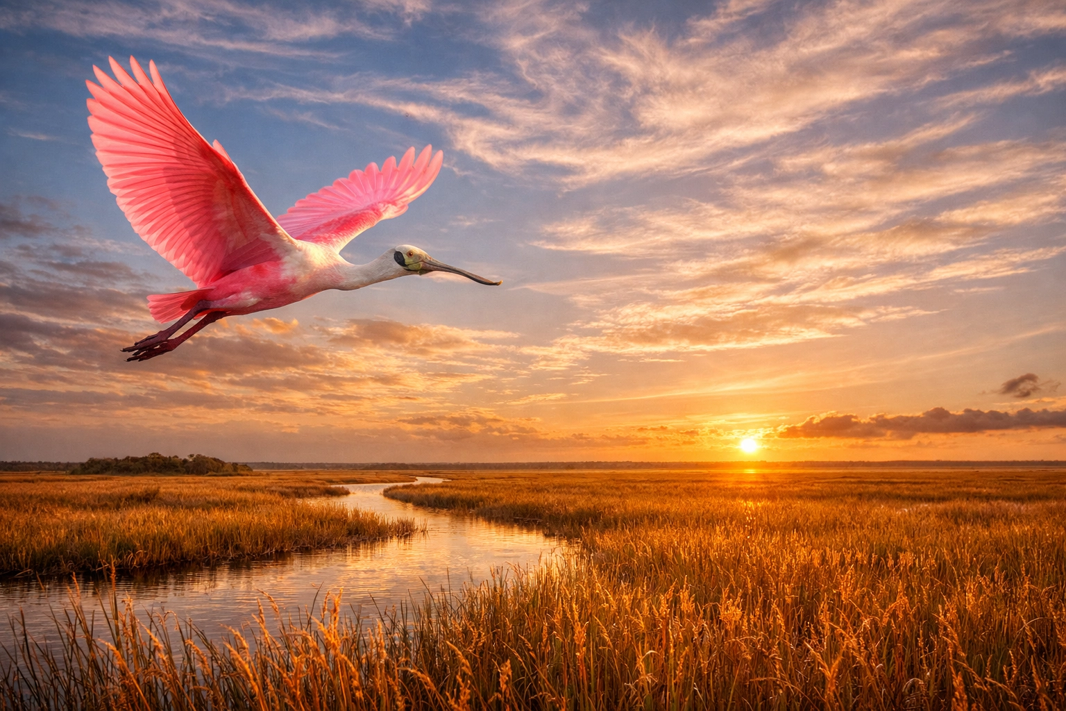 A Roseate Spoonbill flying over the River of Grass at golden hour, a top Everglades photography spot.