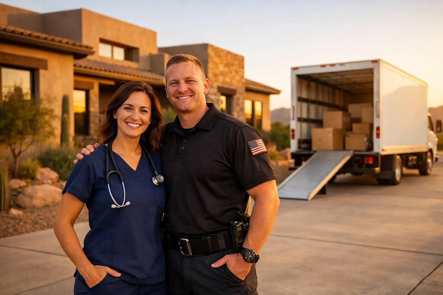 A nurse and first responder in front of their new Phoenix home after using Rewarding Heroes real estate services.