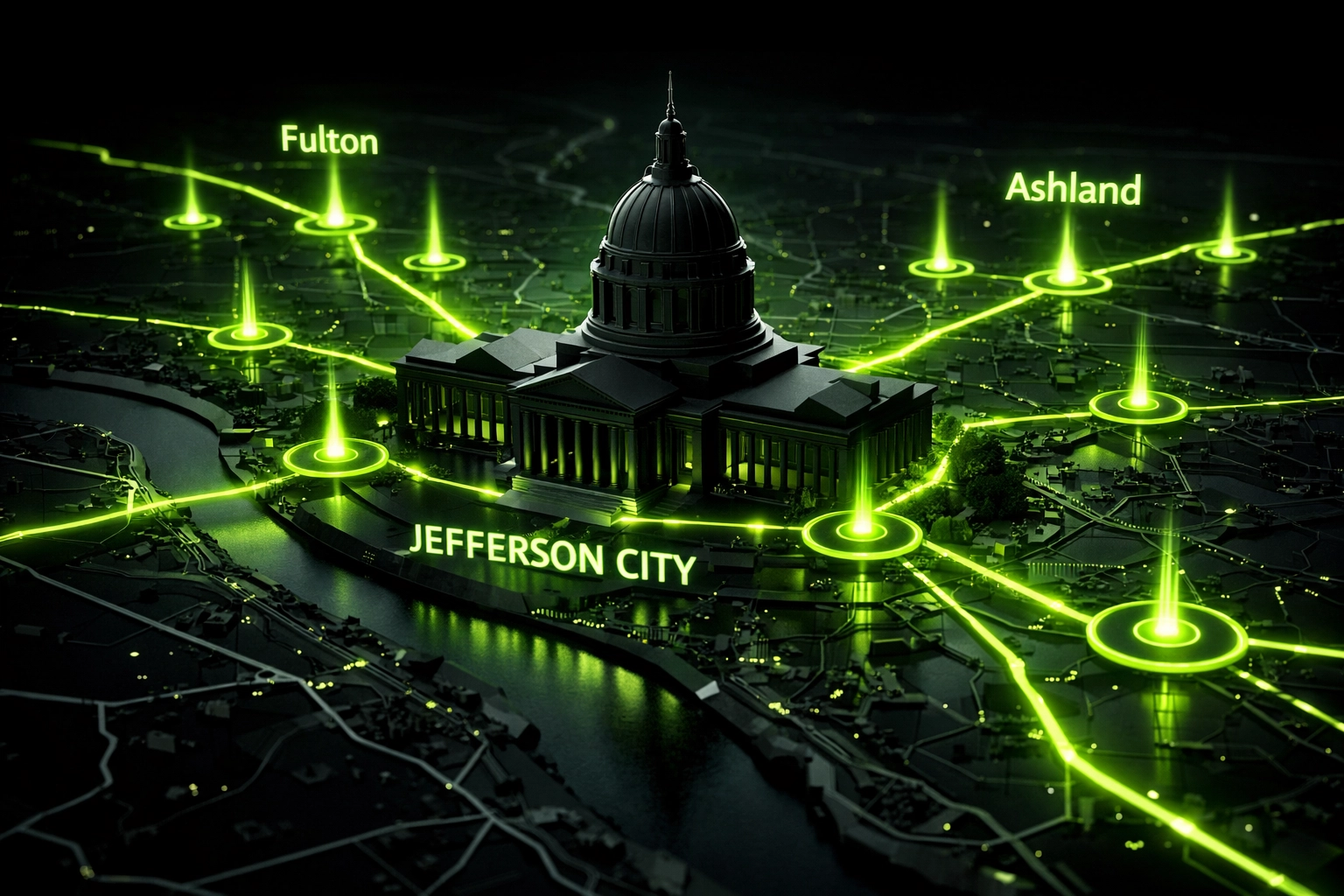 Digital map of Jefferson City MO legal hubs showing connectivity for personal injury lawyers.