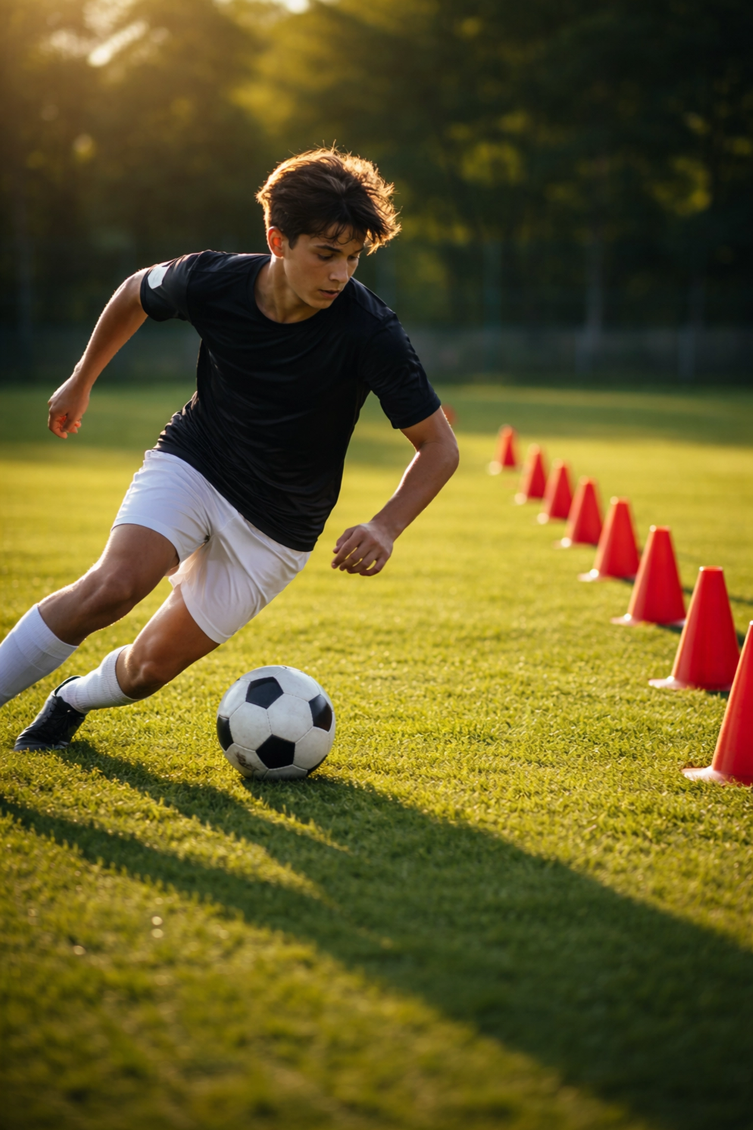 Teen footballer dribbling a soccer ball through red cones during agility weave drill on turf