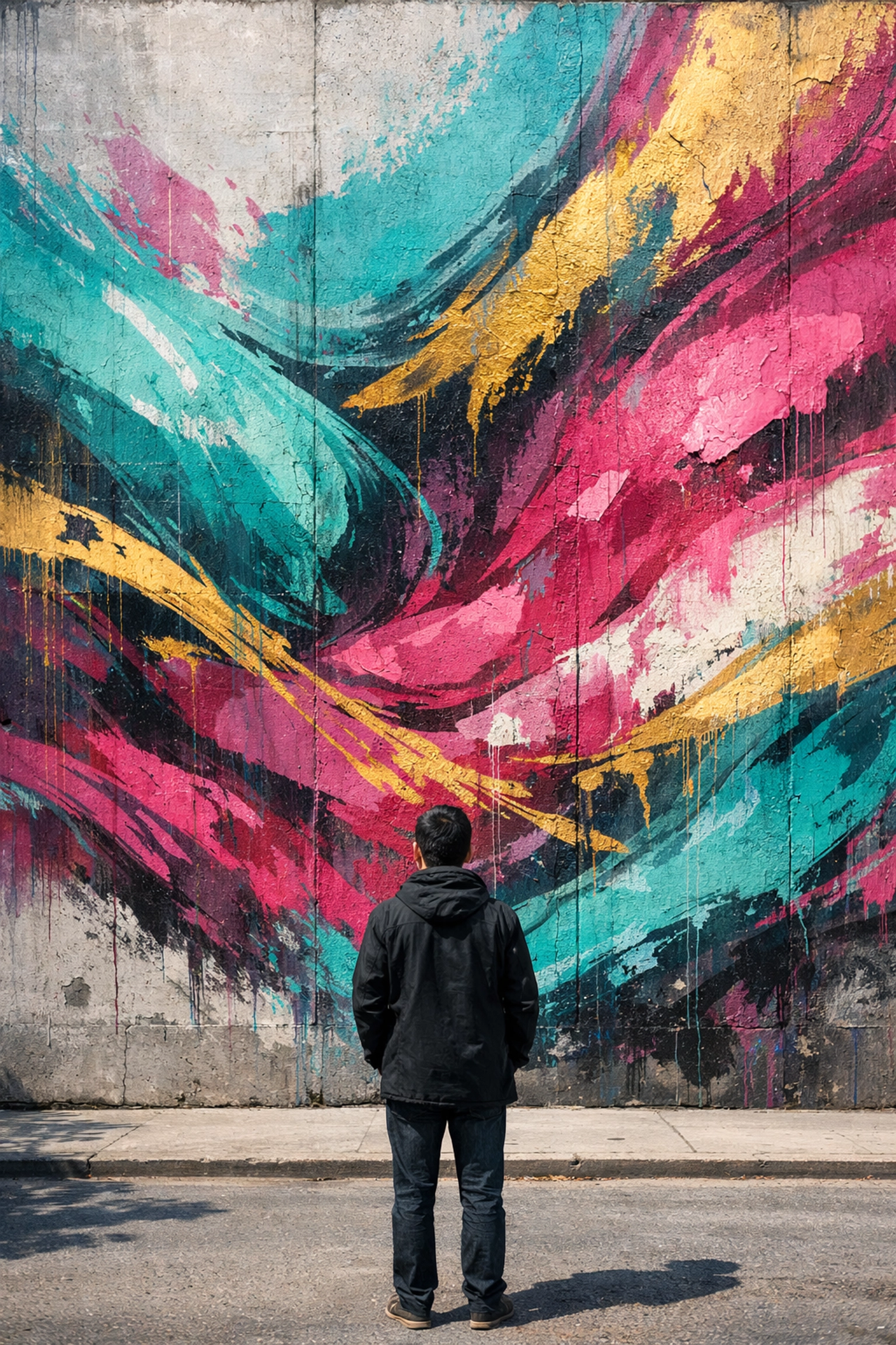 Creative street photography idea of a person interacting with a colorful urban mural for scale.