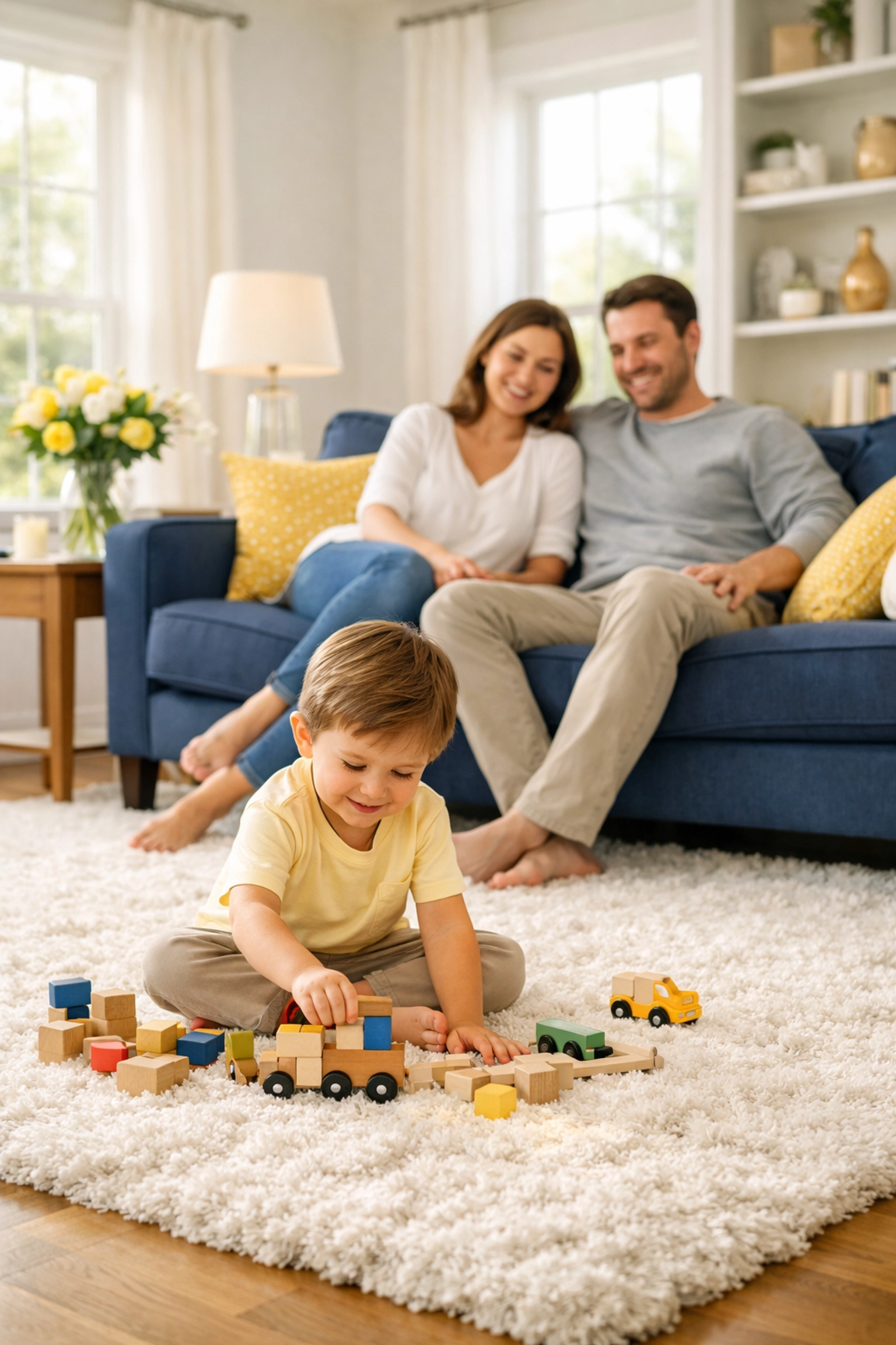 A happy family relaxing in a pristine living room after a professional deep cleaning in Westborough.