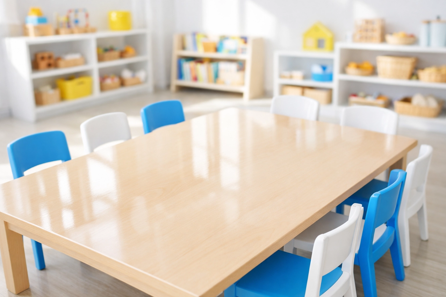 Pristine daycare classroom featuring a sanitized wooden table and blue and white chairs.