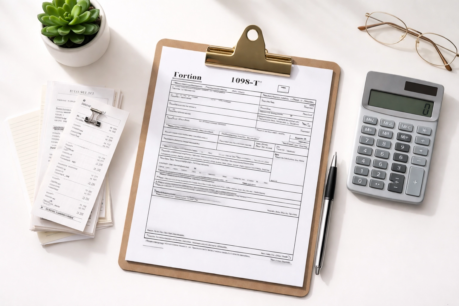 Organized tax documents and a calculator on a clean desk illustrate preparing to claim education credits.