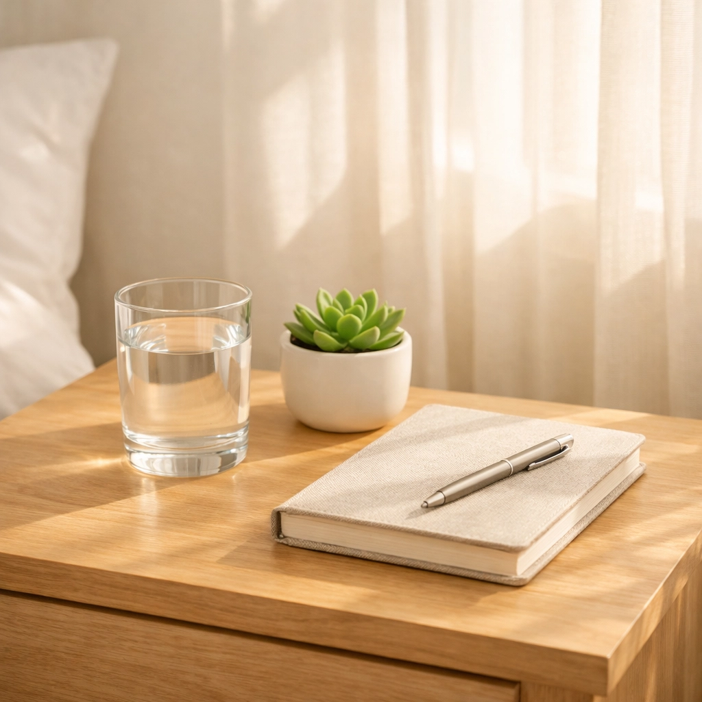 Bedside table with a recovery journal and succulent in a structured sober living home.