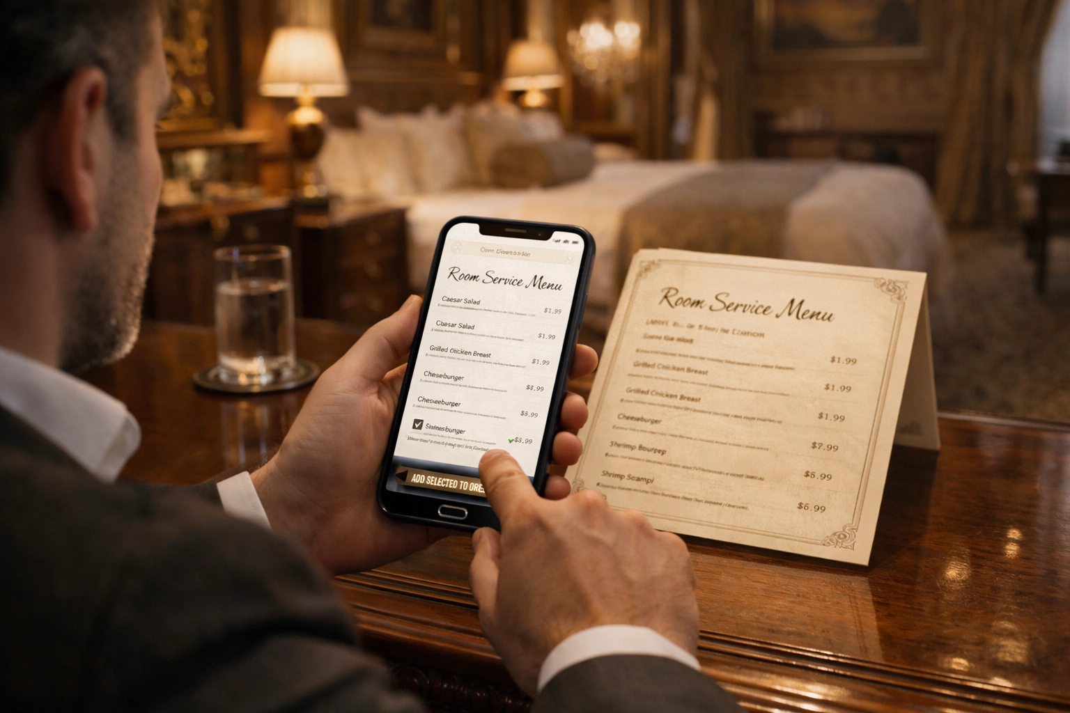Guest using AR for hospitality by pointing a phone at a hotel menu for object recognition and interactive food options.