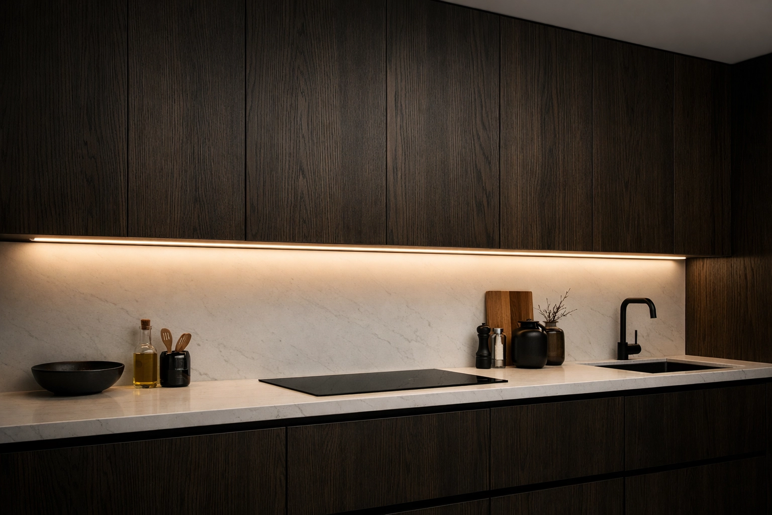Hardwired LED linear lighting integrated under dark oak kitchen cabinets for a seamless look.