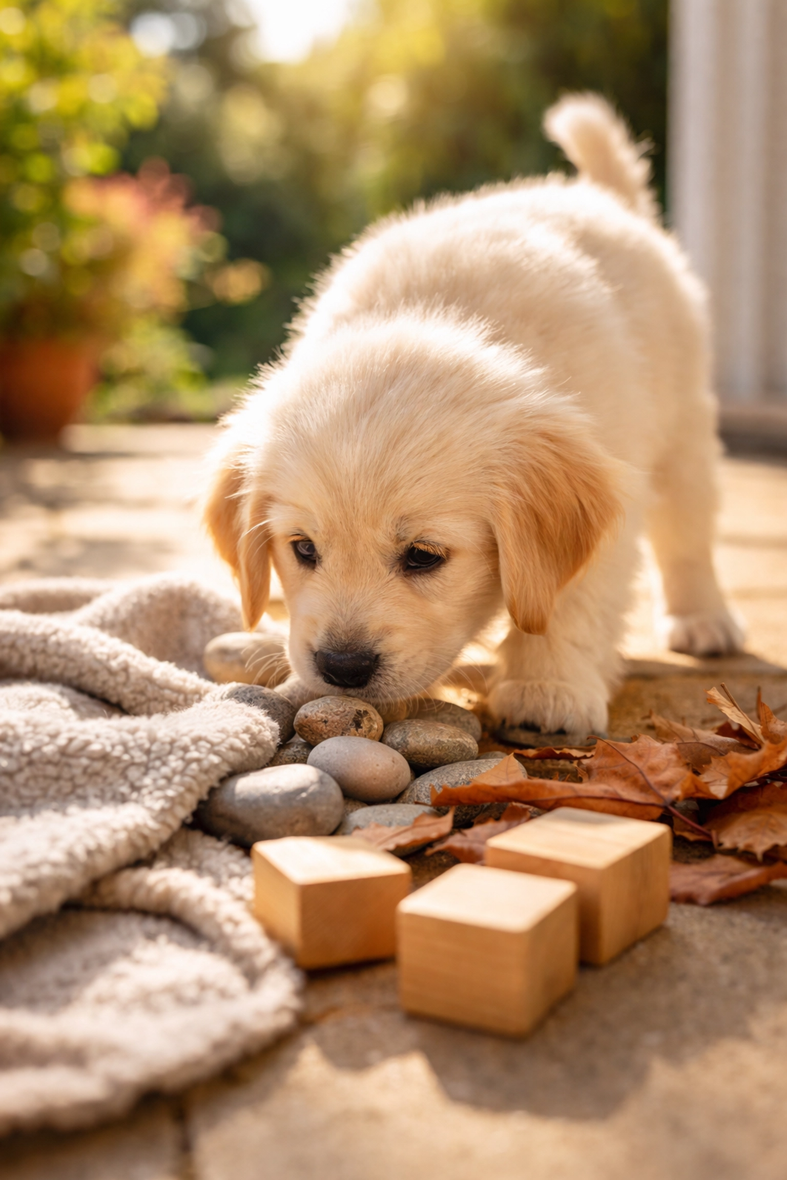 8-week-old Golden Retriever puppy exploring different textures outdoors during socialization period