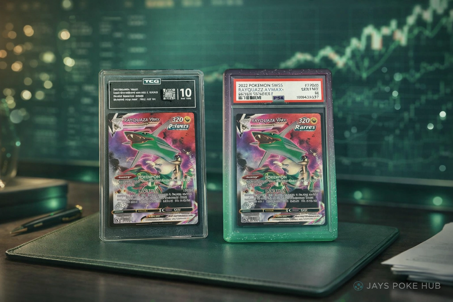 Graded Rayquaza VMAX Japanese cards showcasing premium print quality