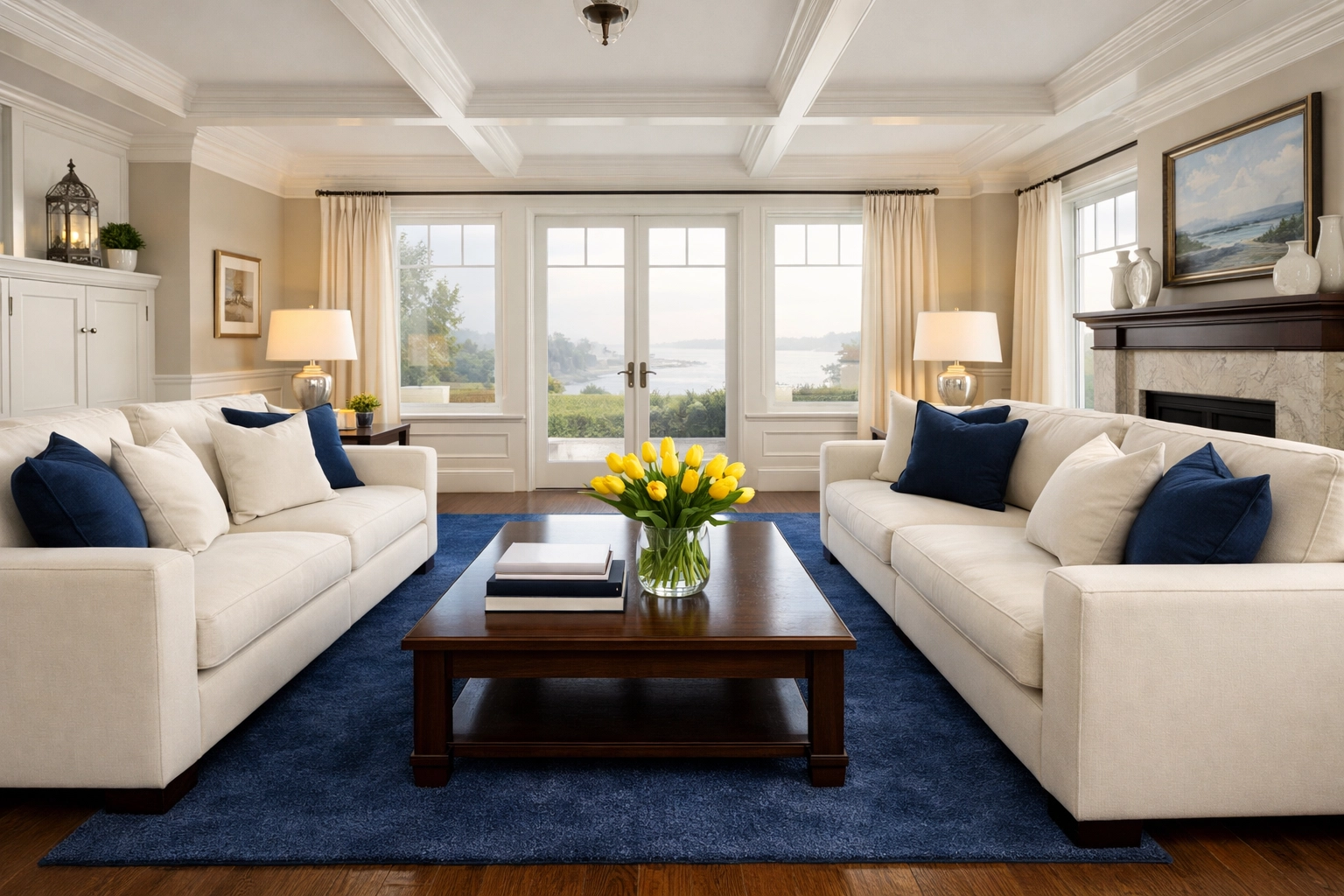 A pristine, luxury Dover living room following a top-tier residential cleaning Massachusetts service.