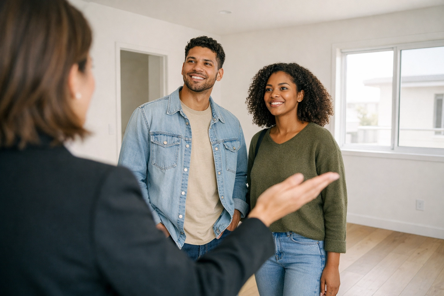 Property manager showing apartment to prospective tenants during pre-leasing tour