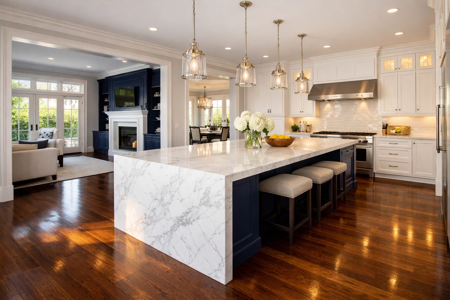 Luxury Marlborough home with clean marble counters and hardwood floors after professional house cleaning.