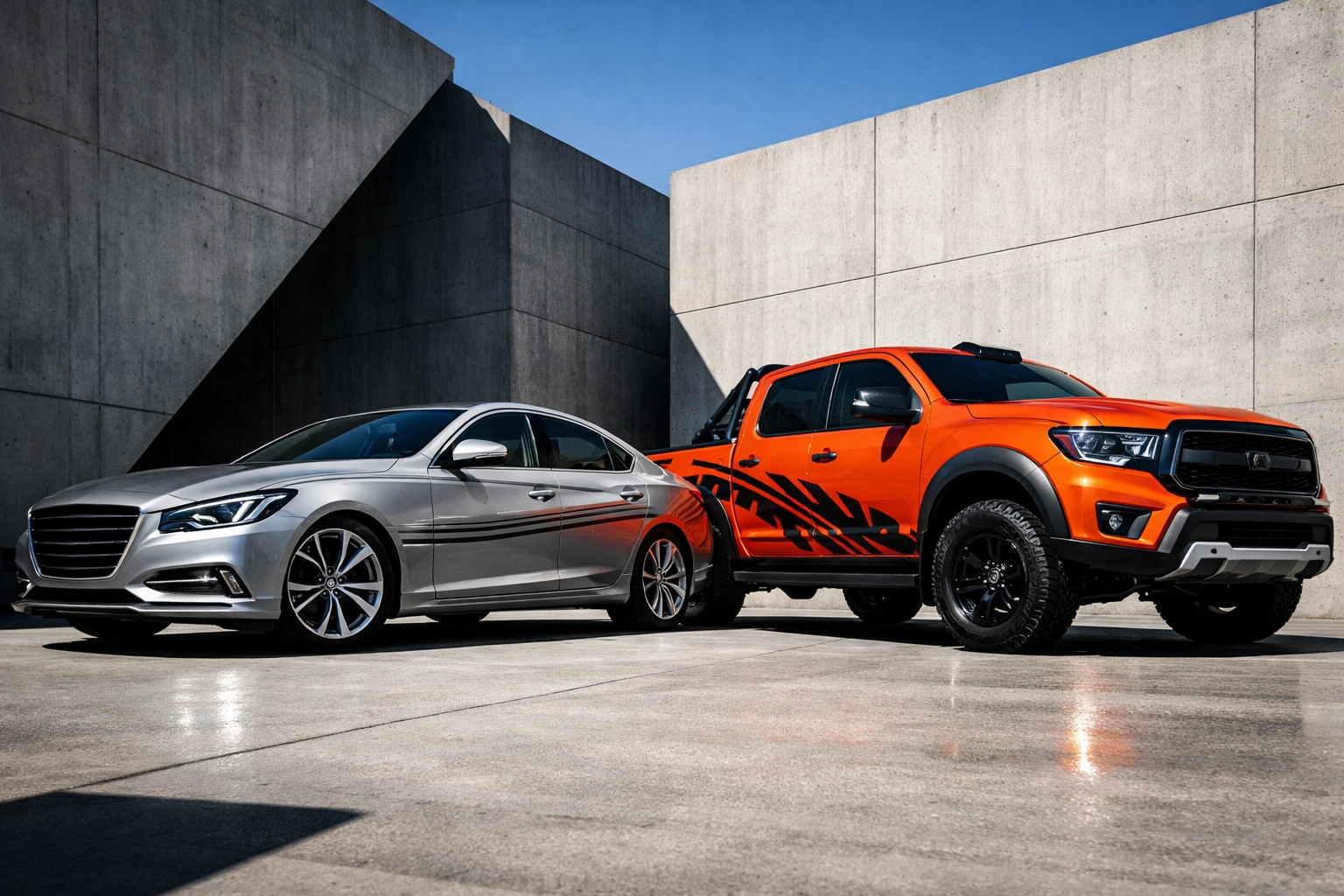 Silver sedan with professional charcoal vehicle stripe stickers next to an orange 4x4 with tyre tread pinstripes.