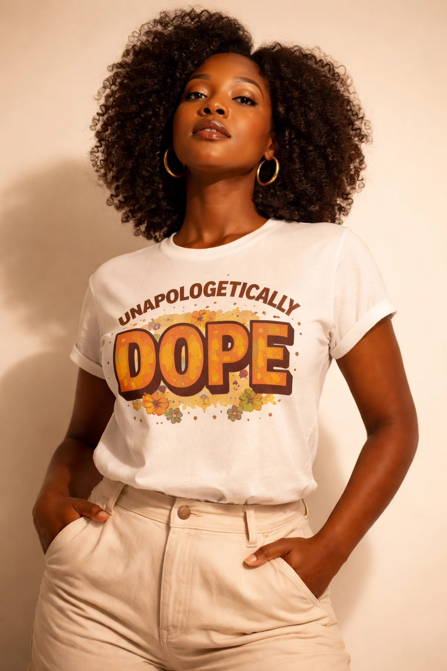 Black woman wearing a custom Black History Month statement tee, expressing empowerment and cultural pride.