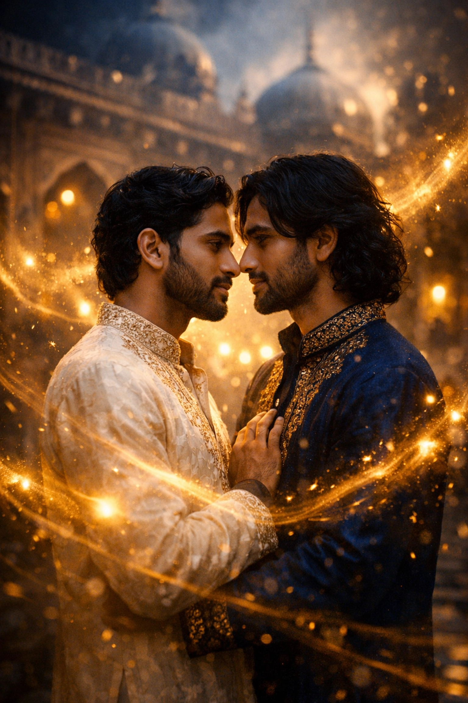 South Asian men finding spiritual sanctuary in a Sufi shrine, exploring themes common in gay historical romance.