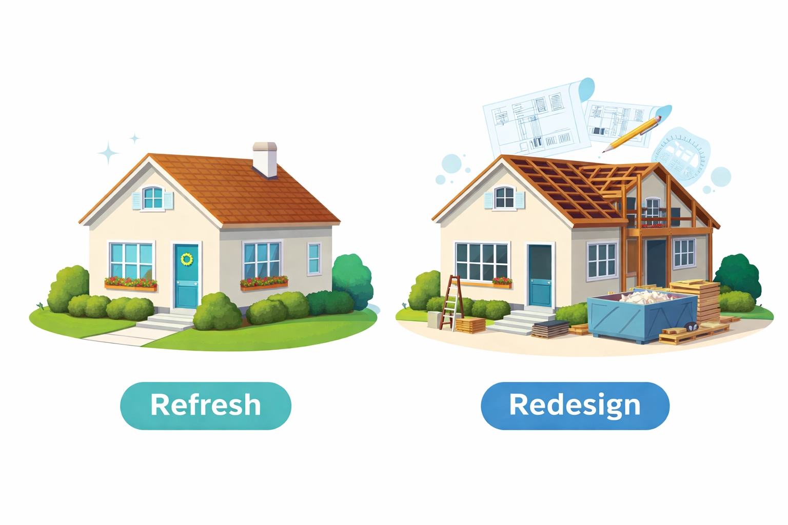 Illustration comparing a refreshed home to a redesigned home, showing website update options for Alpharetta businesses