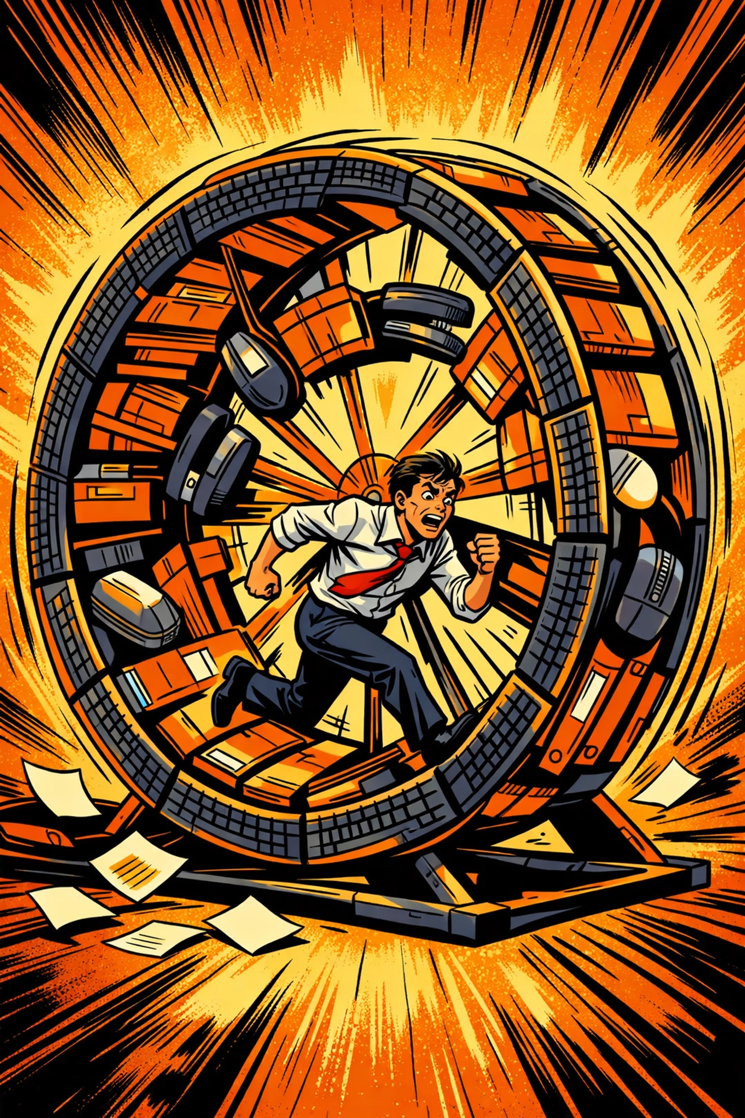 Business owner trapped in repetitive manual task cycle like hamster wheel