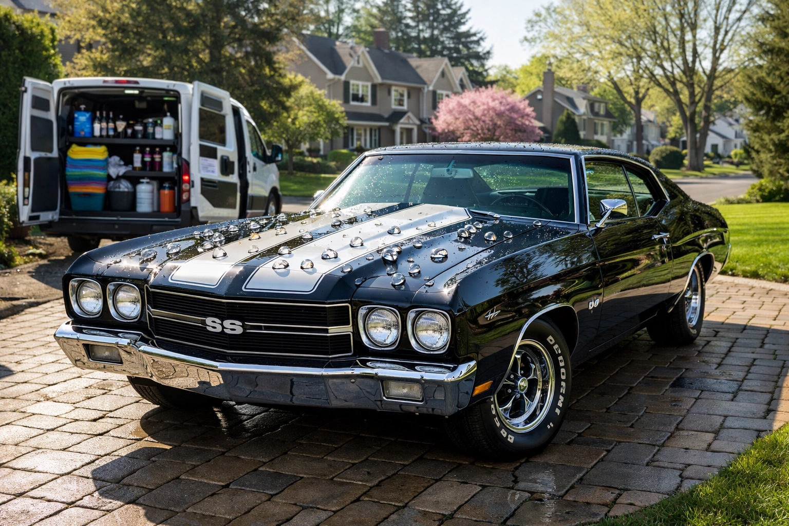 Ceramic coating on a classic Chevelle SS parked in a West Hartford driveway after mobile detailing.