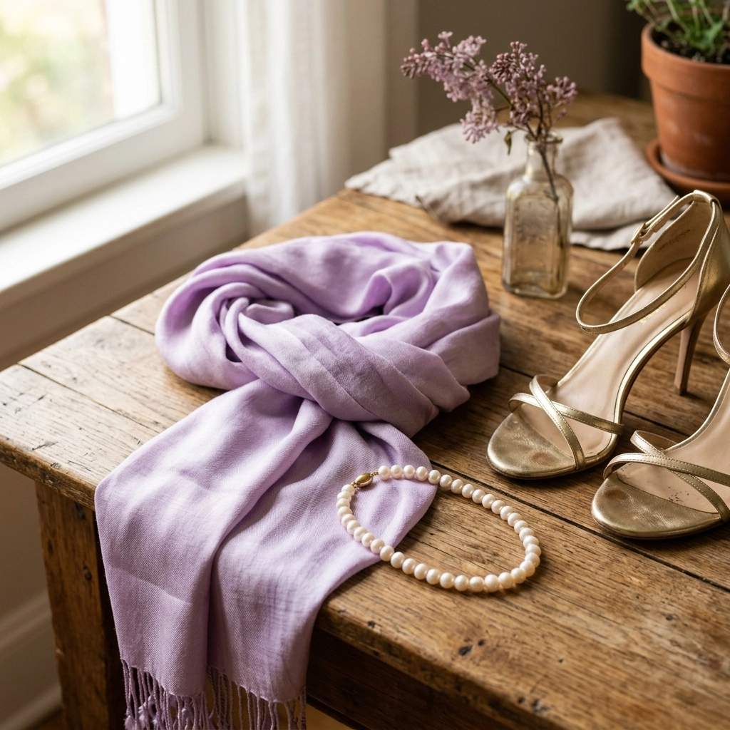 Lilac accessories and gold accents for a royal-inspired look.