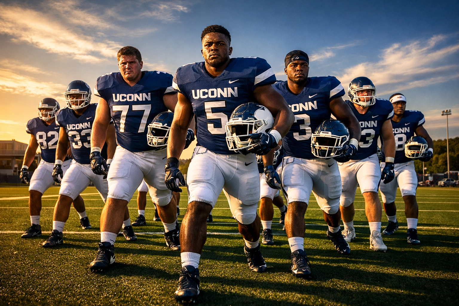 UConn football players in blue jerseys gather on practice field during Jason Candle's first spring