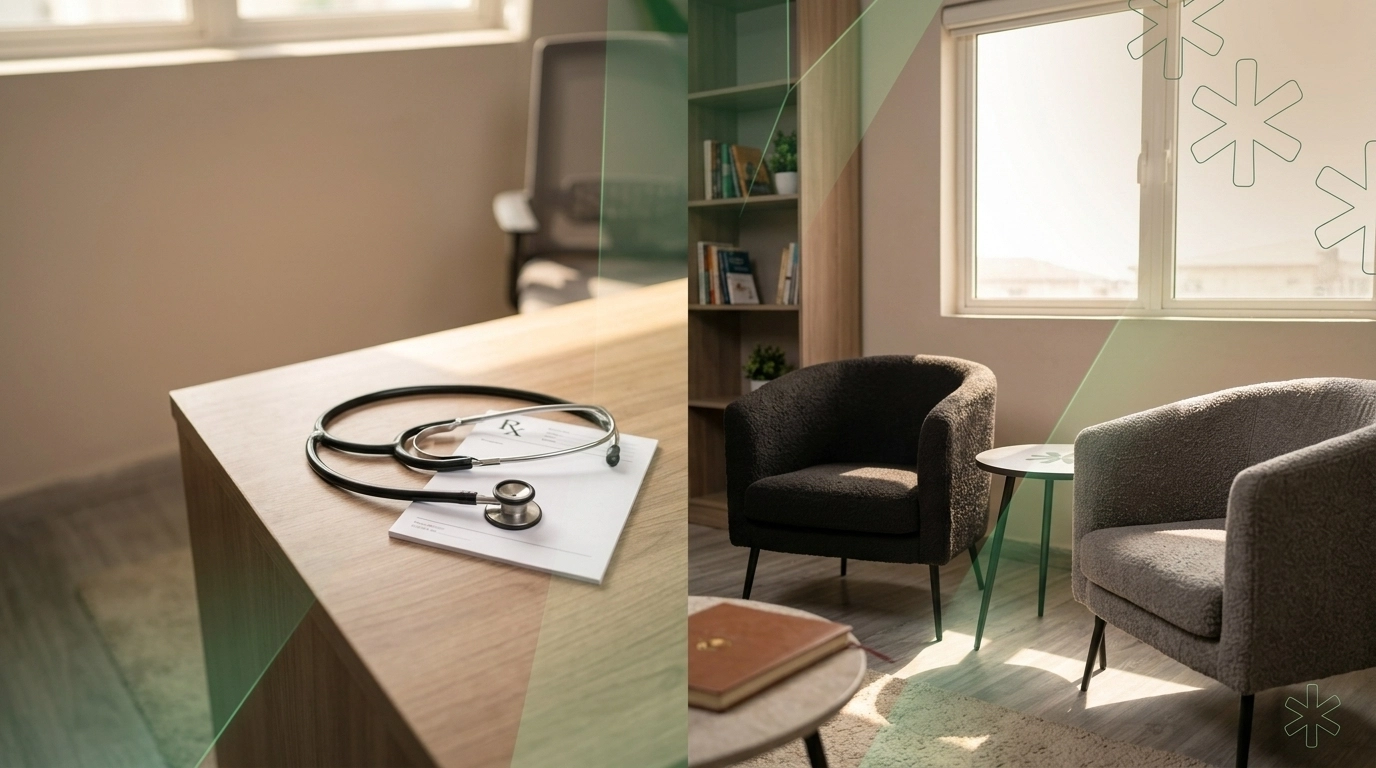 Conceptual image showing the difference between medical psychiatry and talk therapy