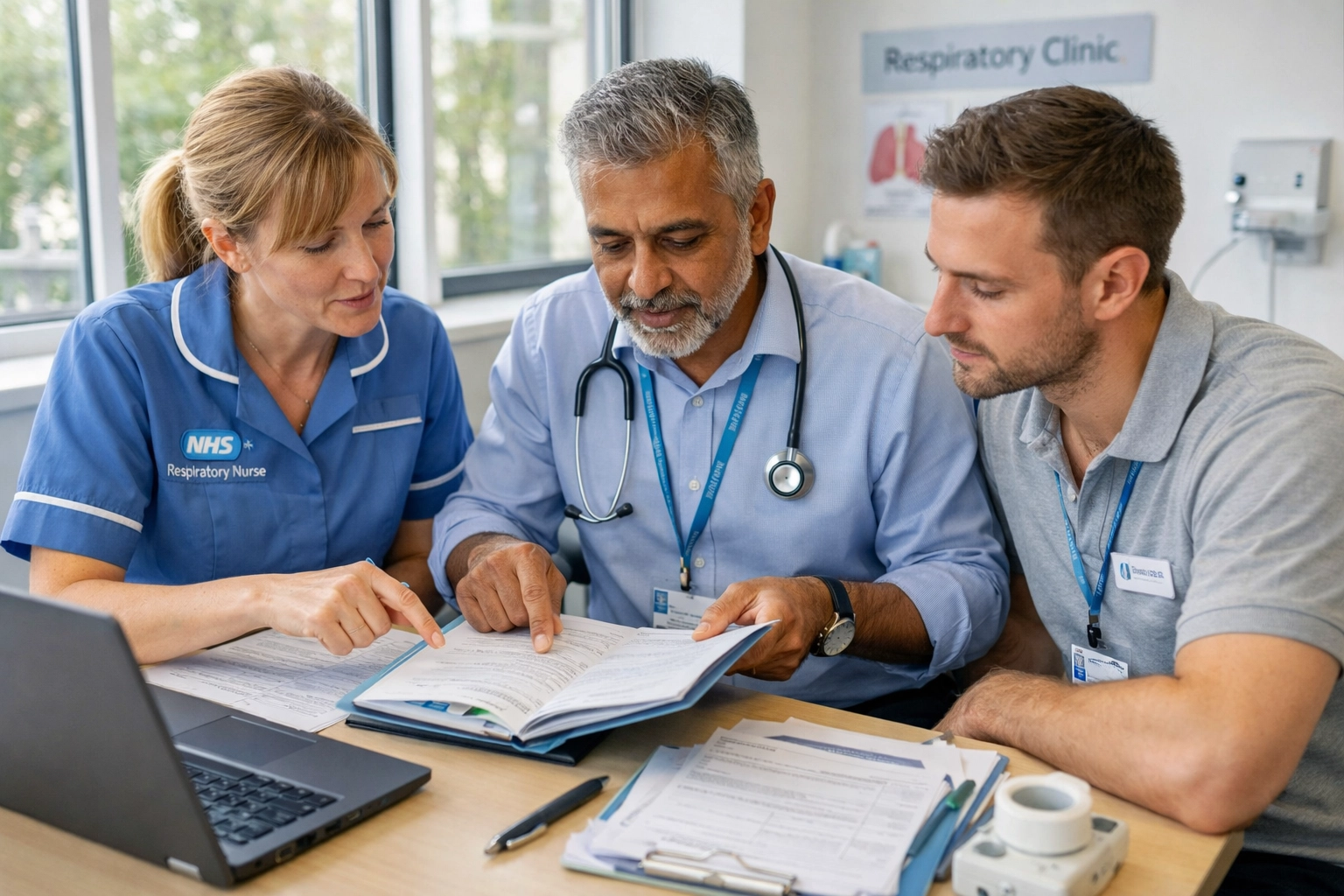 NHS respiratory clinical team reviewing patient care plans in community clinic consultation room