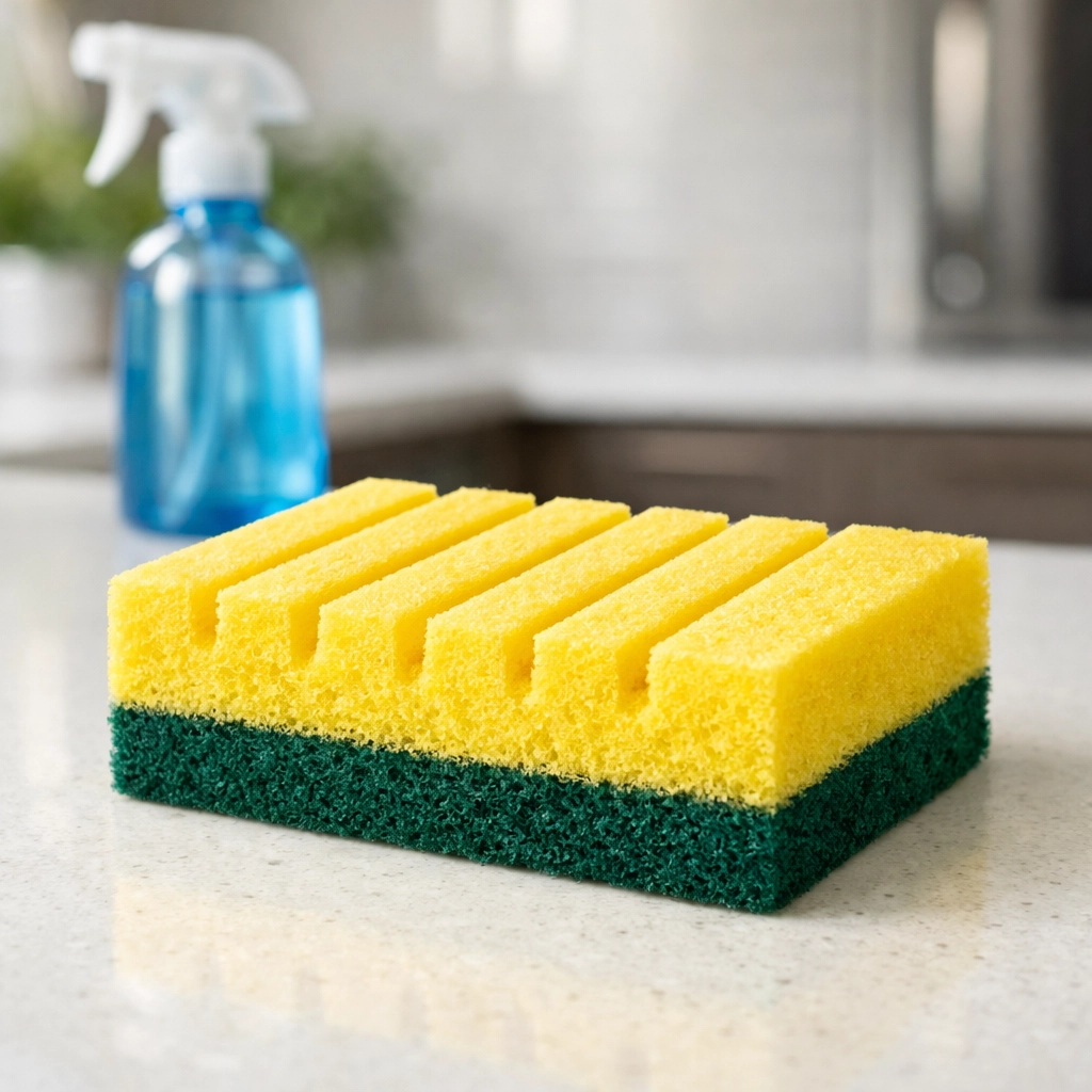 A grooved cleaning sponge designed to scrub window tracks efficiently for high-quality weekly house cleaning.