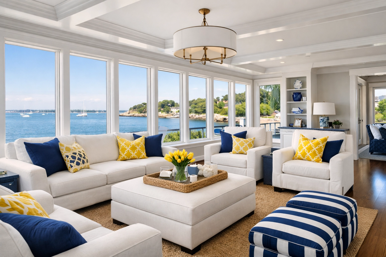Clean coastal living room showcasing the results of professional eco-friendly house cleaning in Hingham.