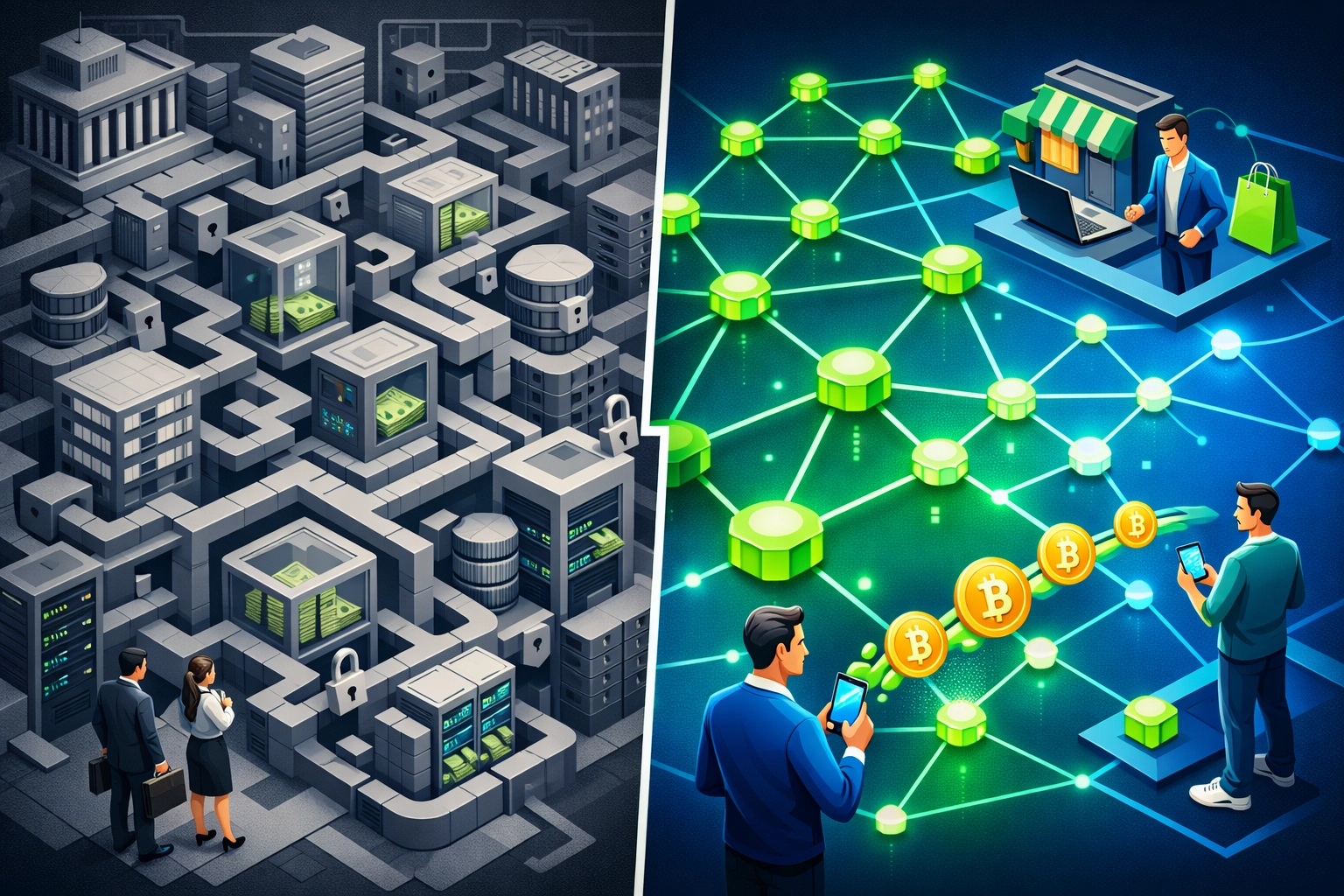 Centralized payment processor vs decentralized blockchain network comparison for crypto merchants