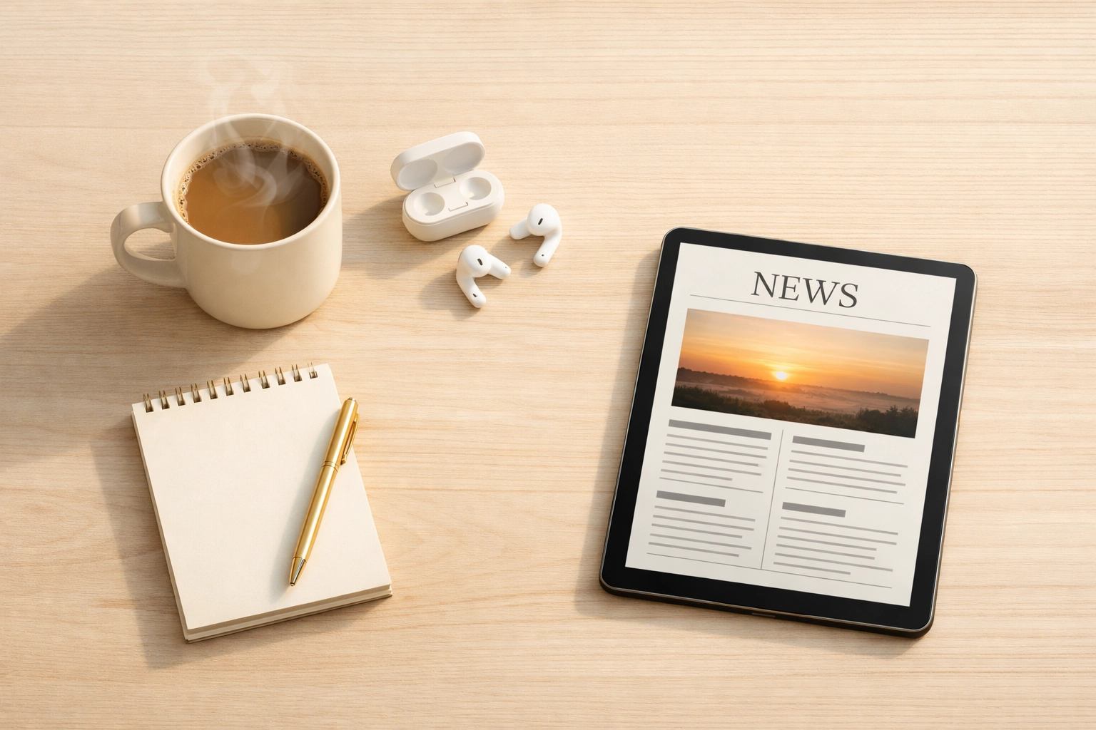 Peaceful morning news setup with coffee, earbuds, and tablet showing organized news interface