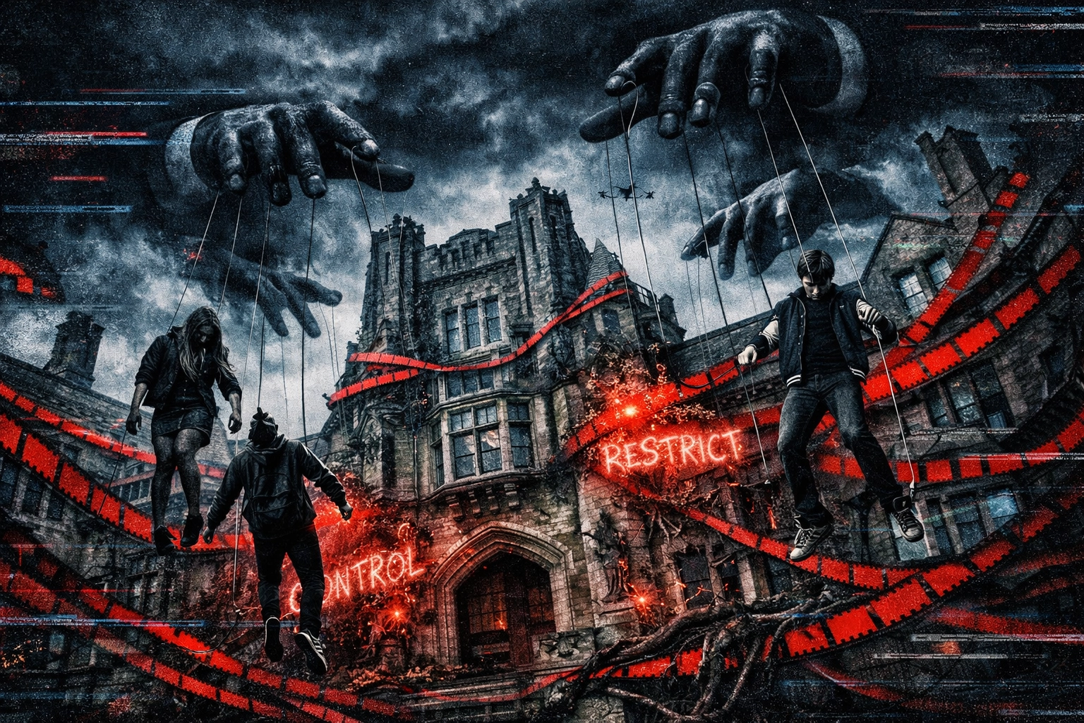 Surreal imagery of academic institutions entangled in red tape and state ideological control.