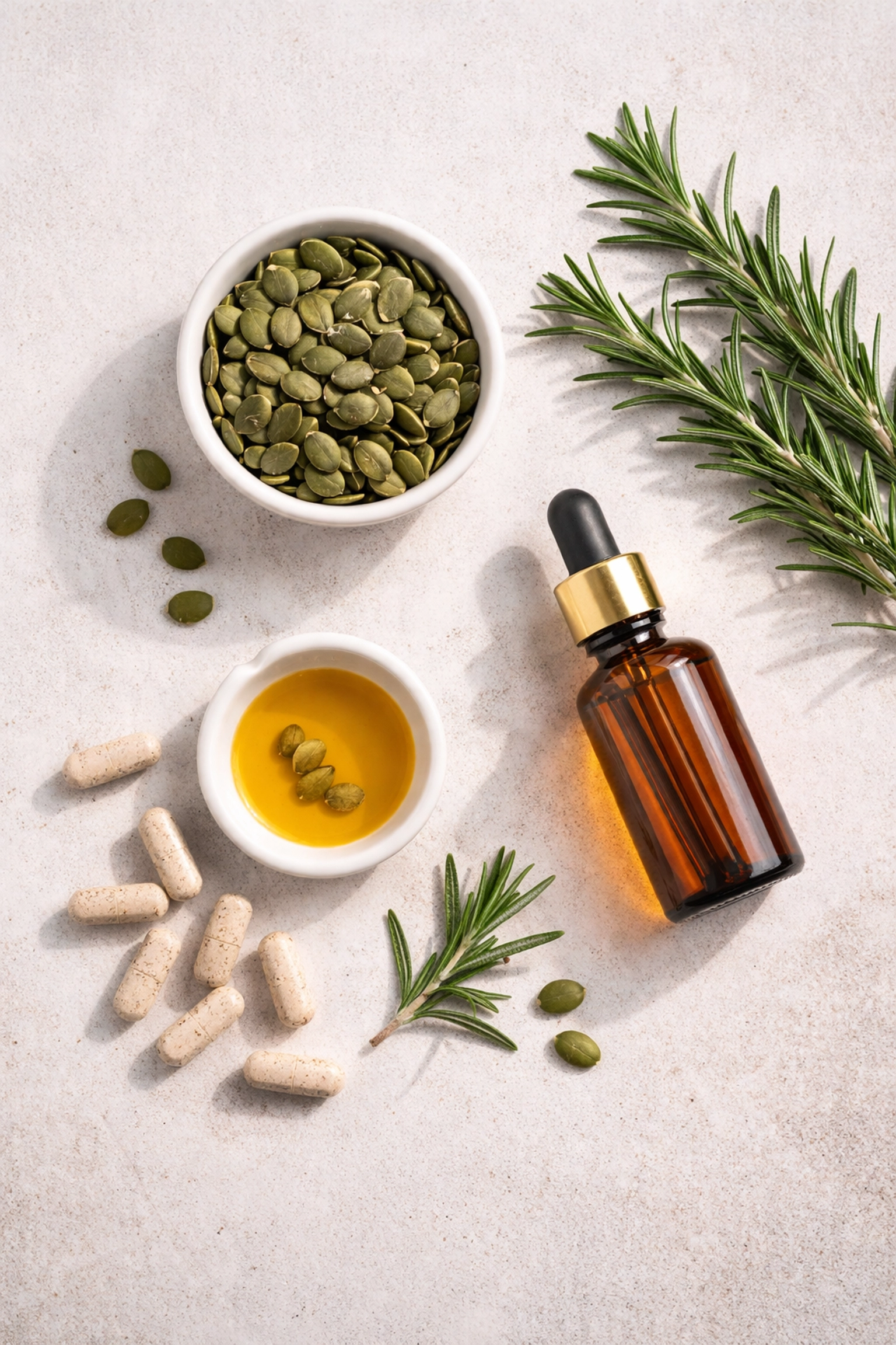 Pumpkin seeds, pumpkin seed oil, and zinc capsules arranged as natural DHT-blocking supplements