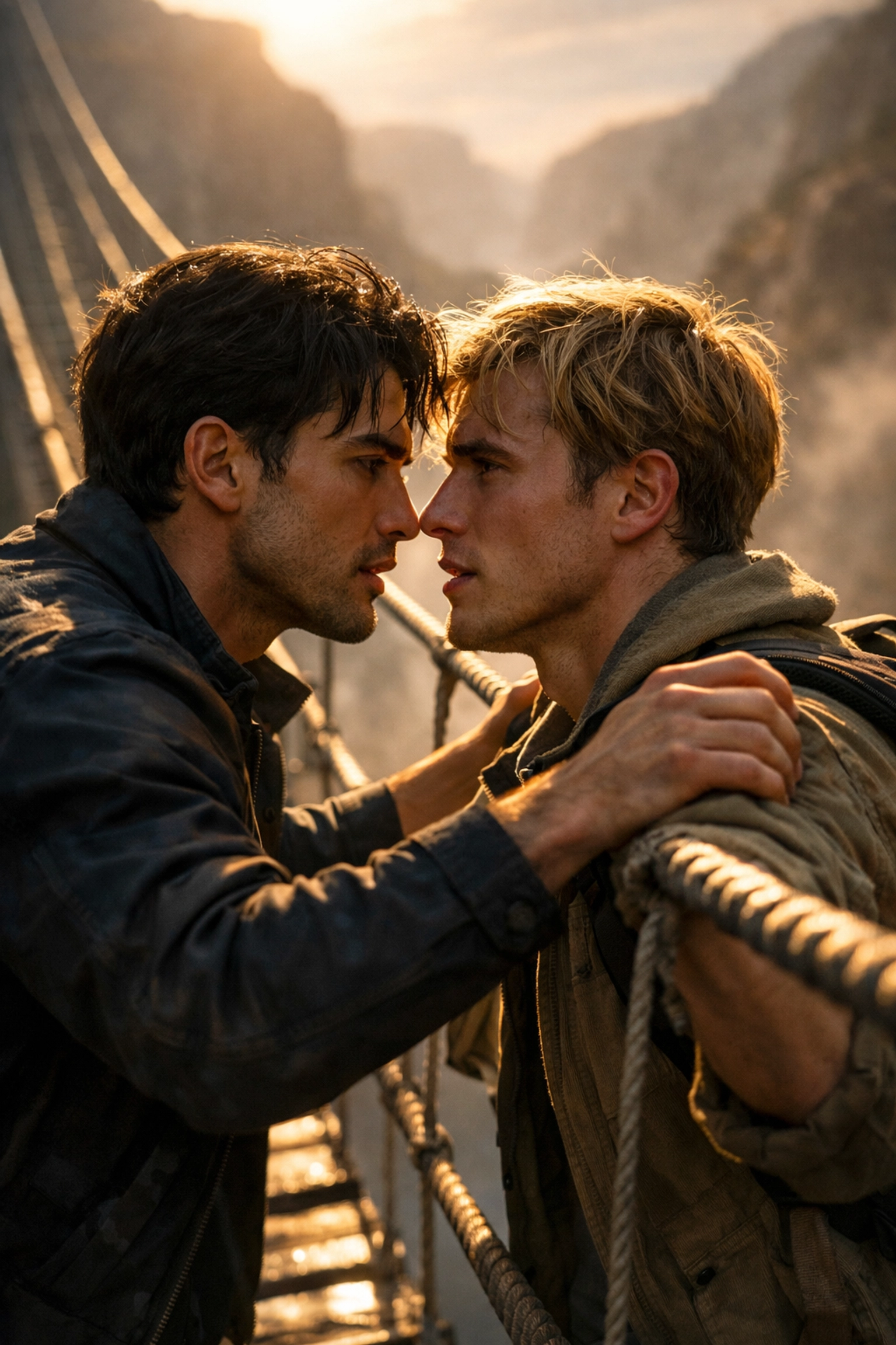 Two men on suspension bridge experiencing adrenaline and attraction in MM romance scenario