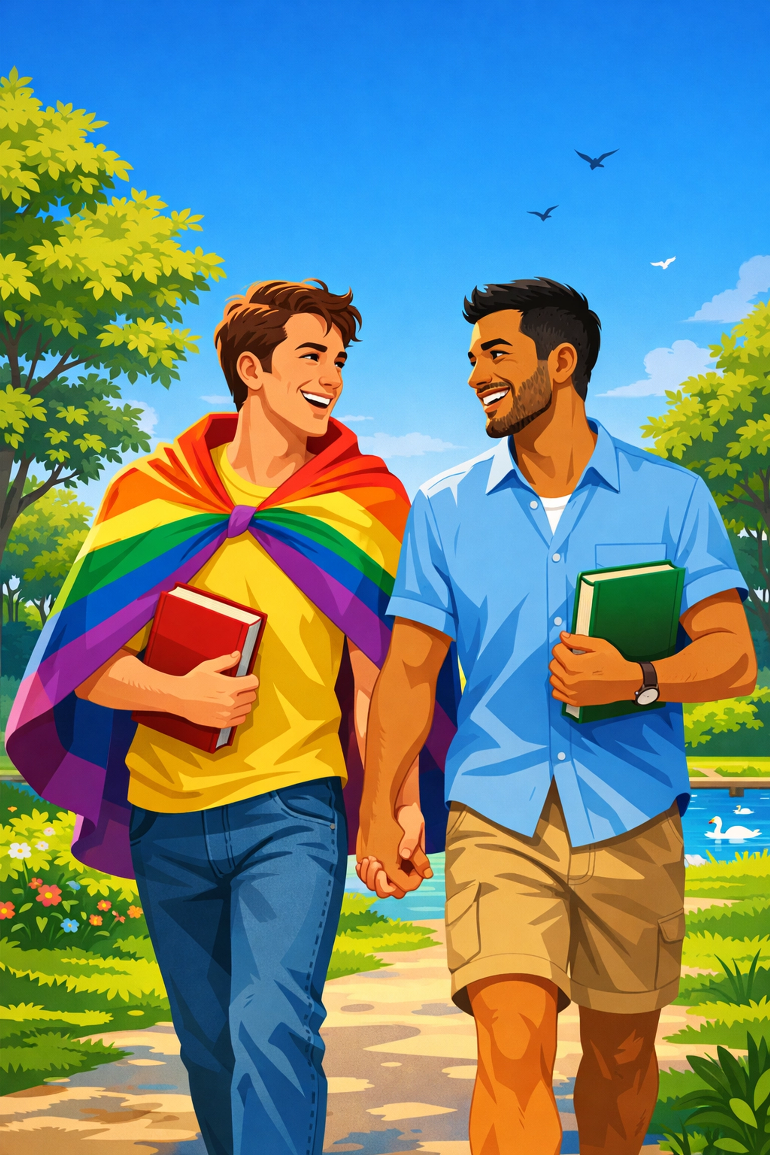 Two men celebrating queer love while walking in a park with a pride flag and books for a happy ending.