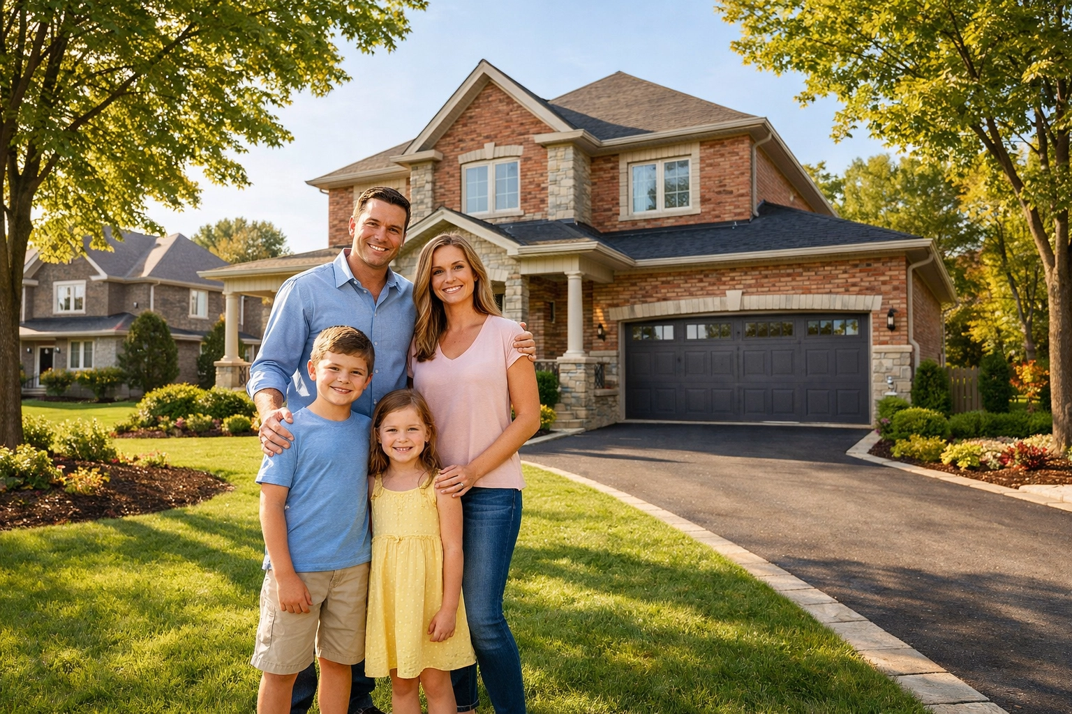 Happy family in front of their new modern detached home in Barrie, Ontario after relocating from Toronto.
