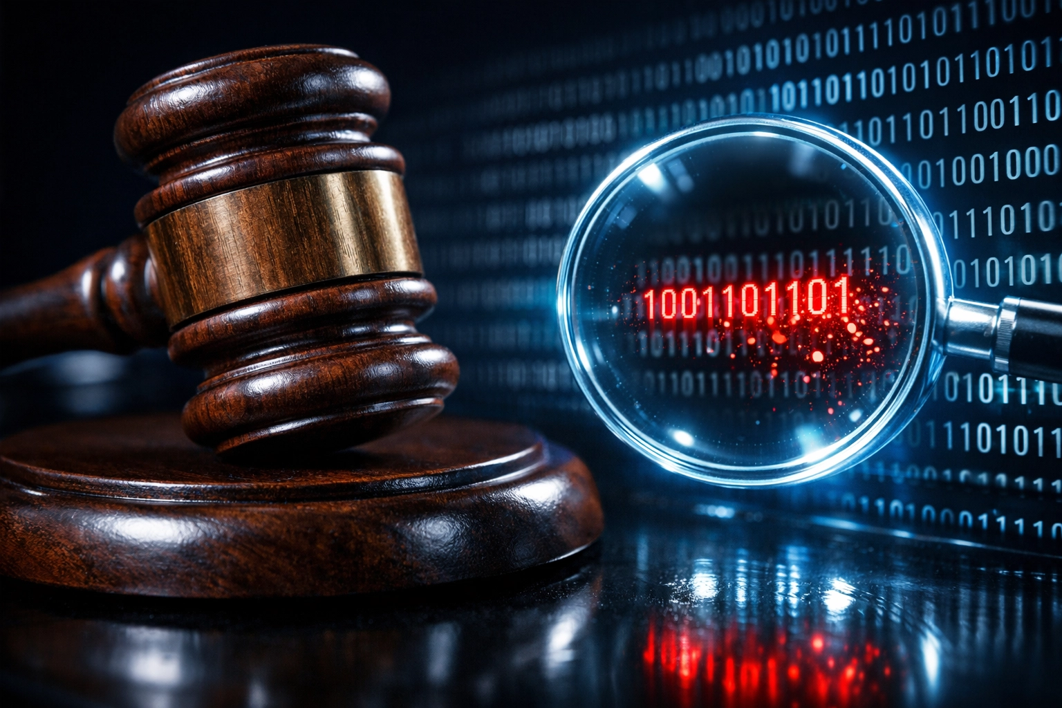A legal gavel and magnifying glass scanning digital code, symbolizing FTC penalties for fake AI reviews.